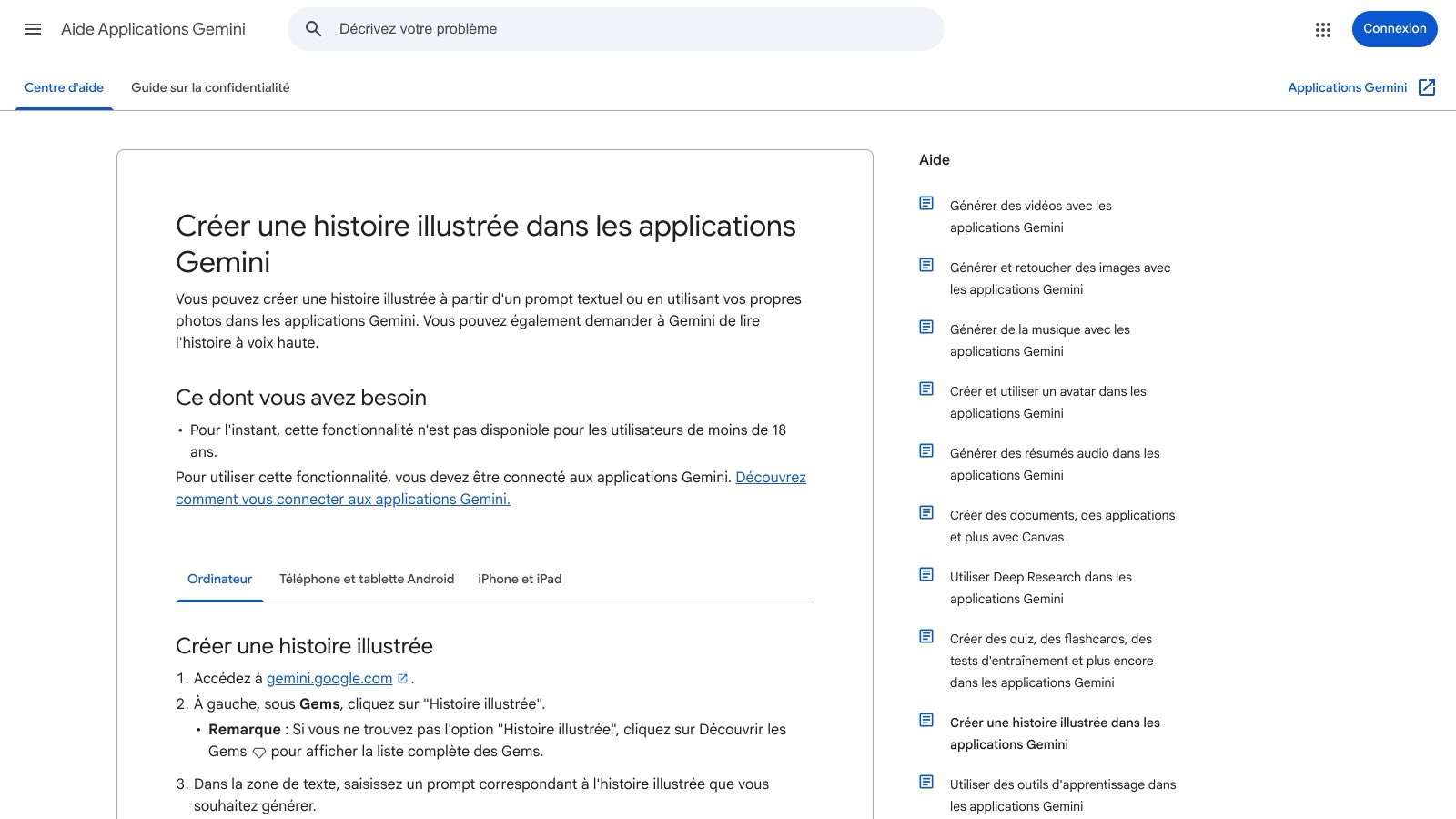 La page d'aide de Gemini : la création passe par le Gem « Histoire illustrée » de gemini.google.com, et la mention des moins de 18 ans figure en tête des prérequis.