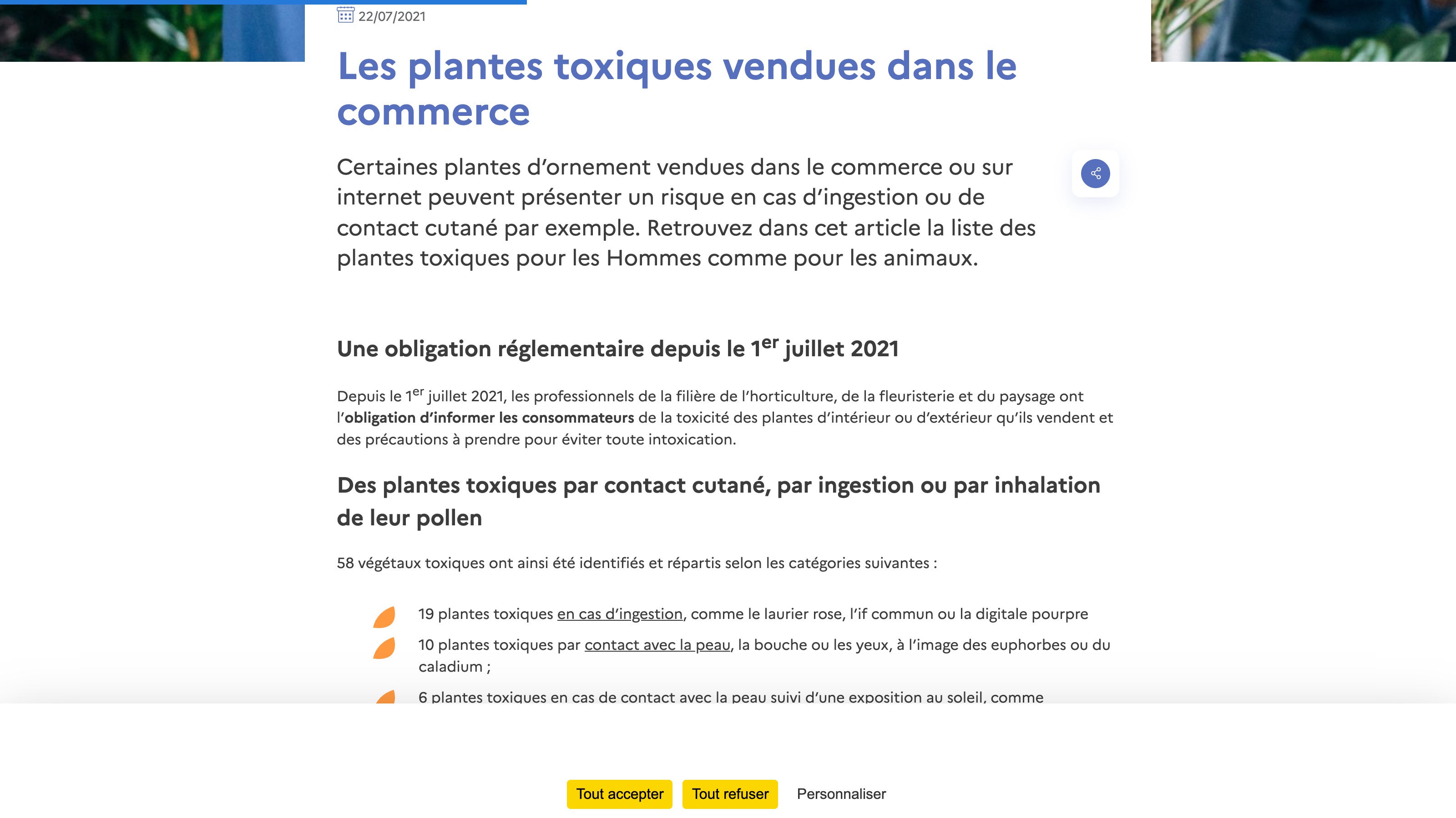 La page de l'ANSES rappelle l'obligation d'informer sur les plantes toxiques vendues dans le commerce, effective depuis le 1er juillet 2021, et la répartition des 58 végétaux concernés.