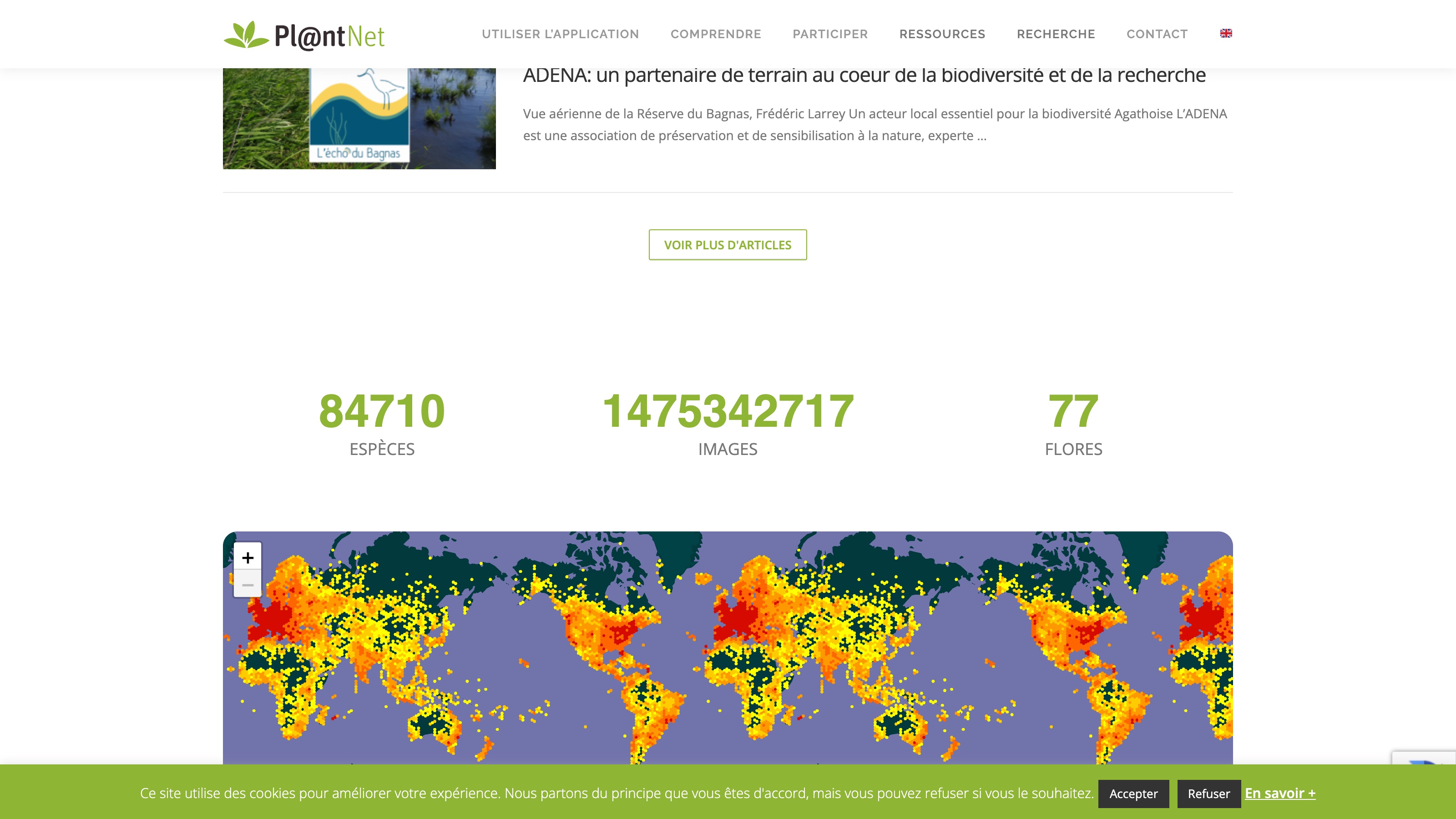 L'accueil de plantnet.org affiche 84 710 espèces, 1 475 342 717 images, 77 flores et une carte mondiale des observations.