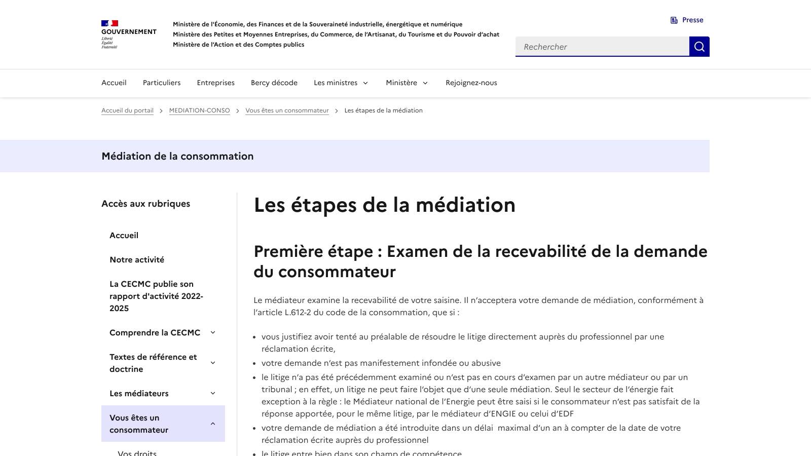 Les étapes de la médiation de la consommation, economie.gouv.fr