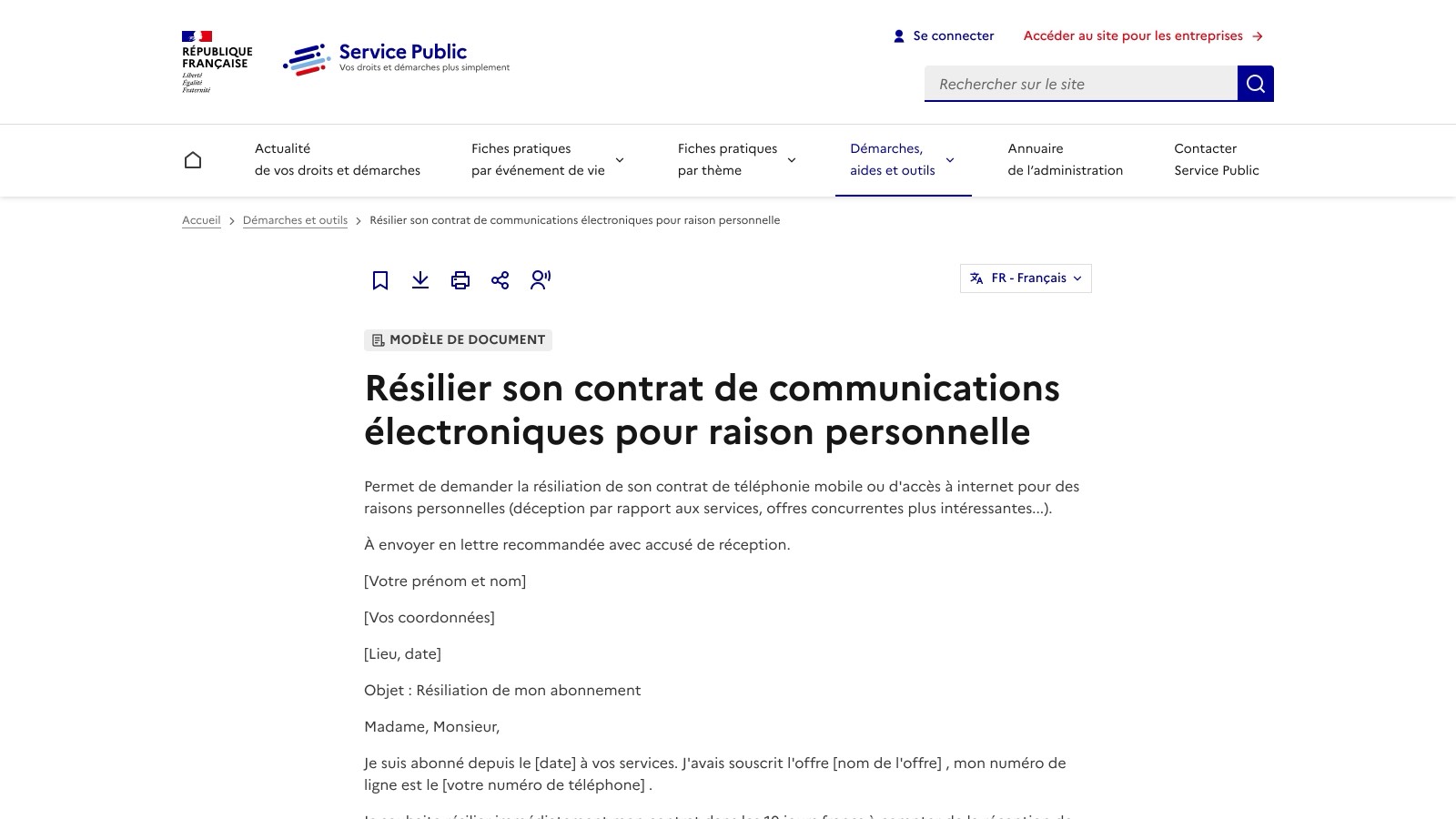Modèle officiel de lettre de résiliation, service-public.fr