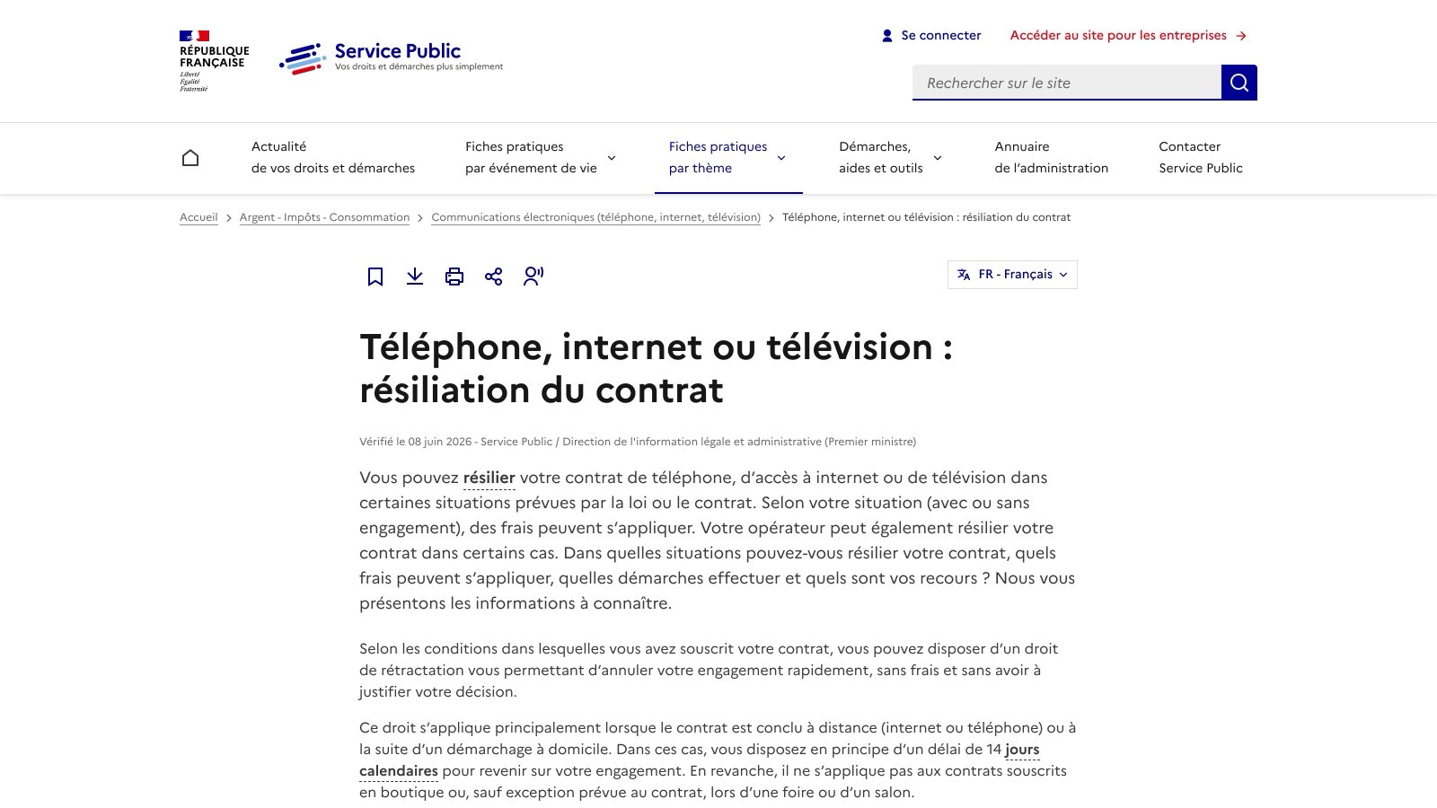 Fiche service-public.fr sur la résiliation du contrat télécom