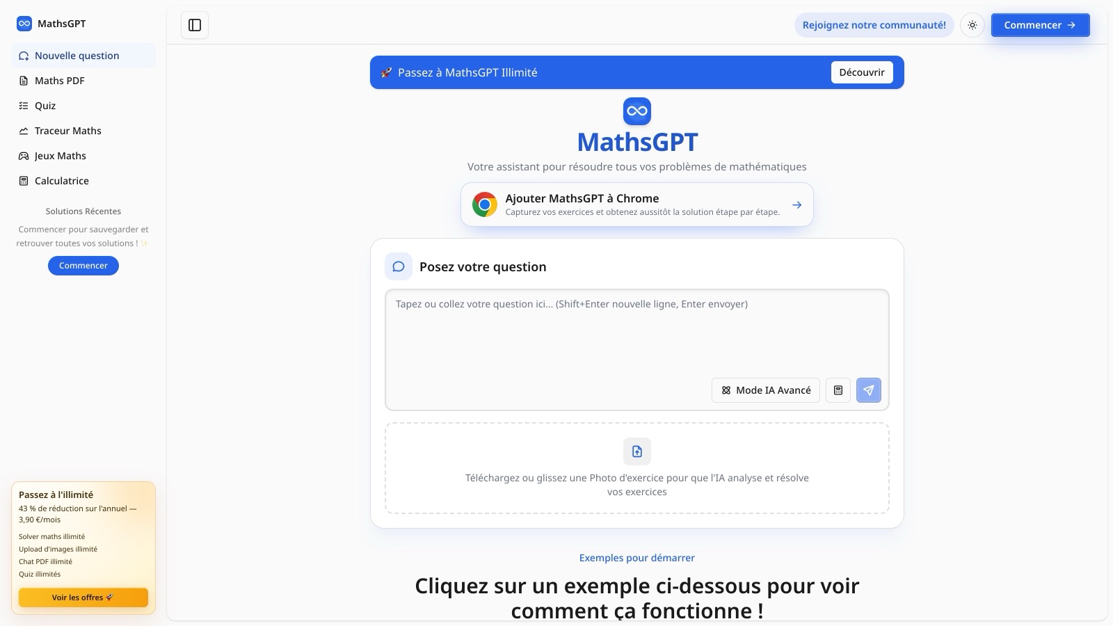 La page d'accueil de MathsGPT, le solveur photo qui occupe la première position de la requête « meilleure IA pour les maths » en France, capturée le 7 octobre 2026.