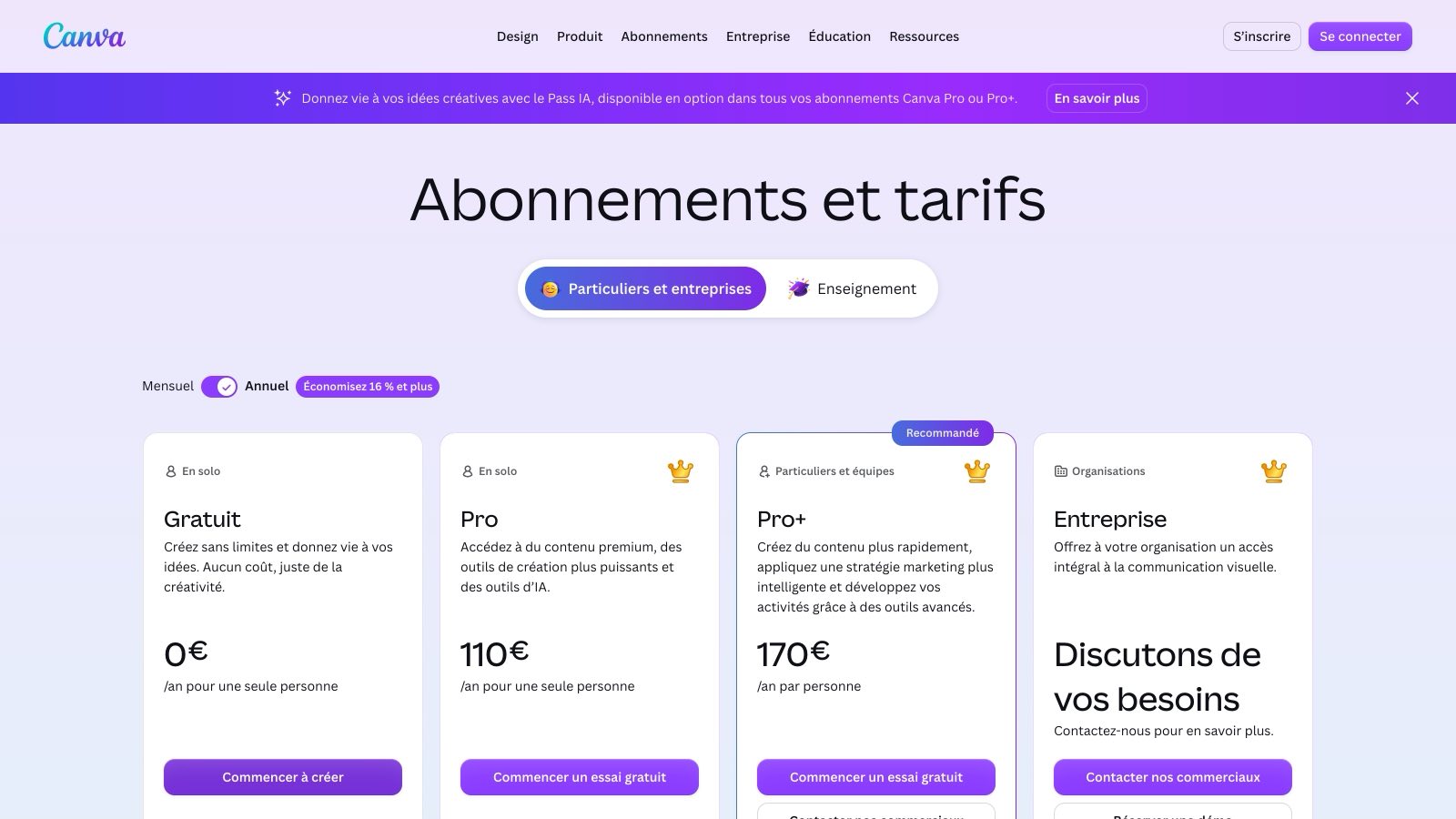 La page tarification de Canva, consultée le 27 octobre 2026 : Gratuit 0 €, Pro 110 € par an et Pro+ 170 € par an, avec le bandeau du Pass IA « disponible en option dans tous vos abonnements Canva Pro ou Pro+ ».