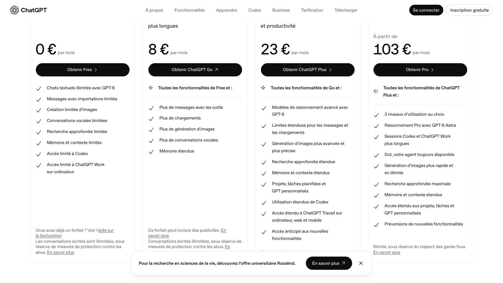 La page tarifs de ChatGPT, consultée le 27 octobre 2026 : Free à 0 €, Go à 8 €, Plus à 23 € et Pro à partir de 103 € par mois, avec la mention « Ce forfait peut inclure des publicités » sous l'offre Go.