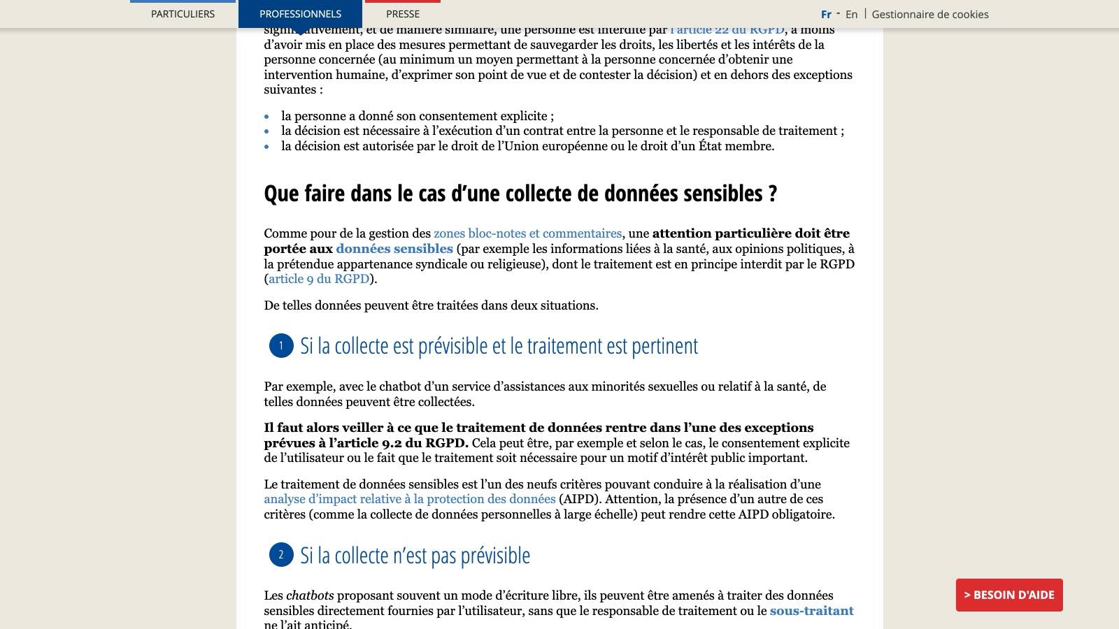 La page de la CNIL consacrée aux chatbots, dans sa section « Que faire dans le cas d'une collecte de données sensibles ? », qui cite l'article 9 du RGPD.