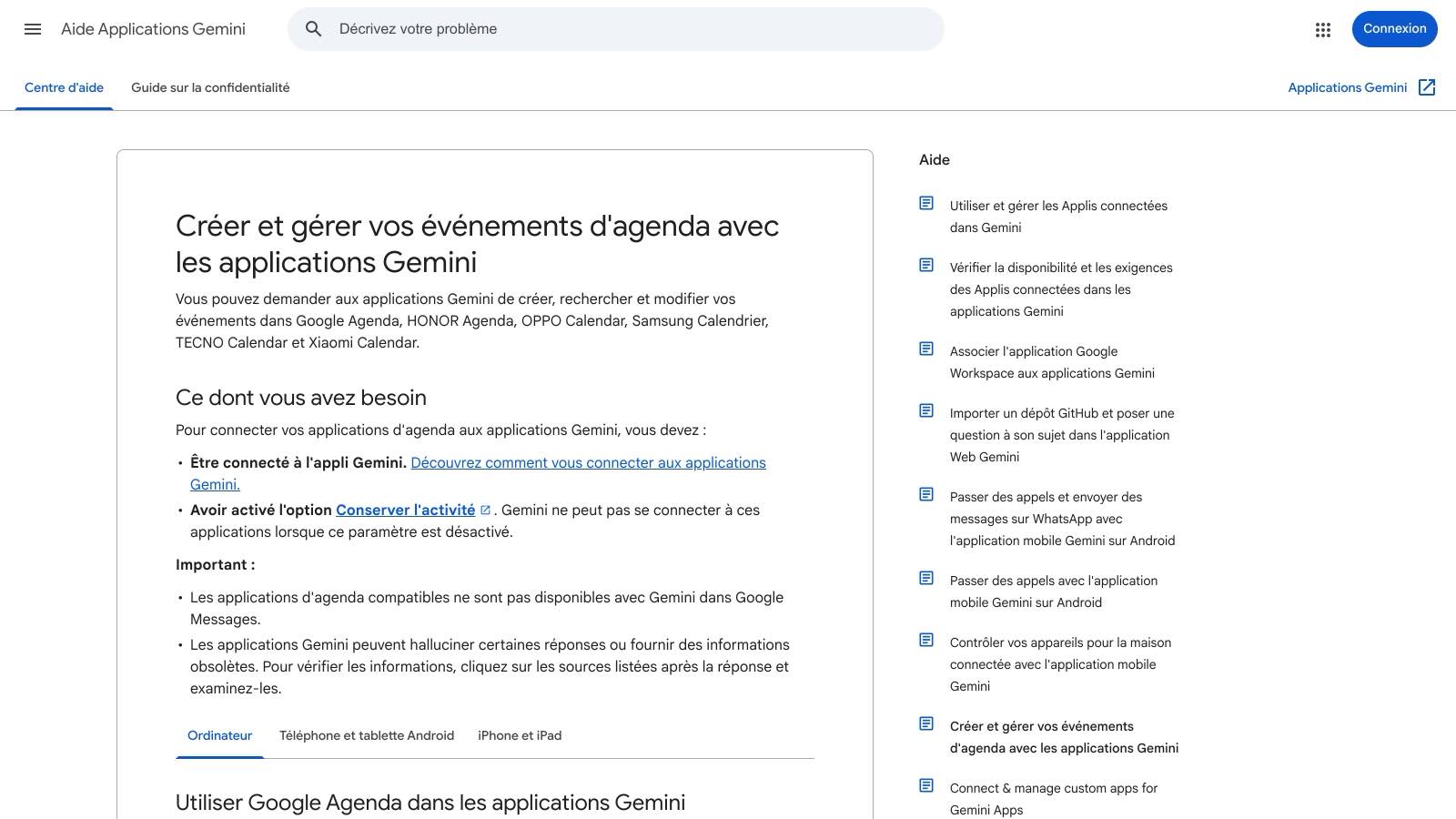 La page d'aide de Google donne les deux conditions pour relier un agenda aux applications Gemini, et prévient que celles-ci « peuvent halluciner certaines réponses ou fournir des informations obsolètes ».