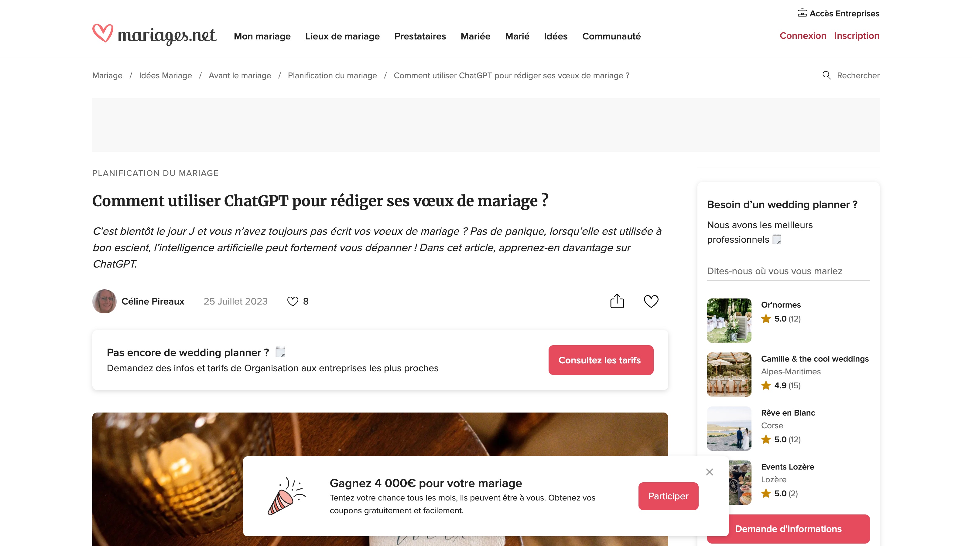 L'article de mariages.net « Comment utiliser ChatGPT pour rédiger ses vœux de mariage ? », publié le 25 juillet 2023.