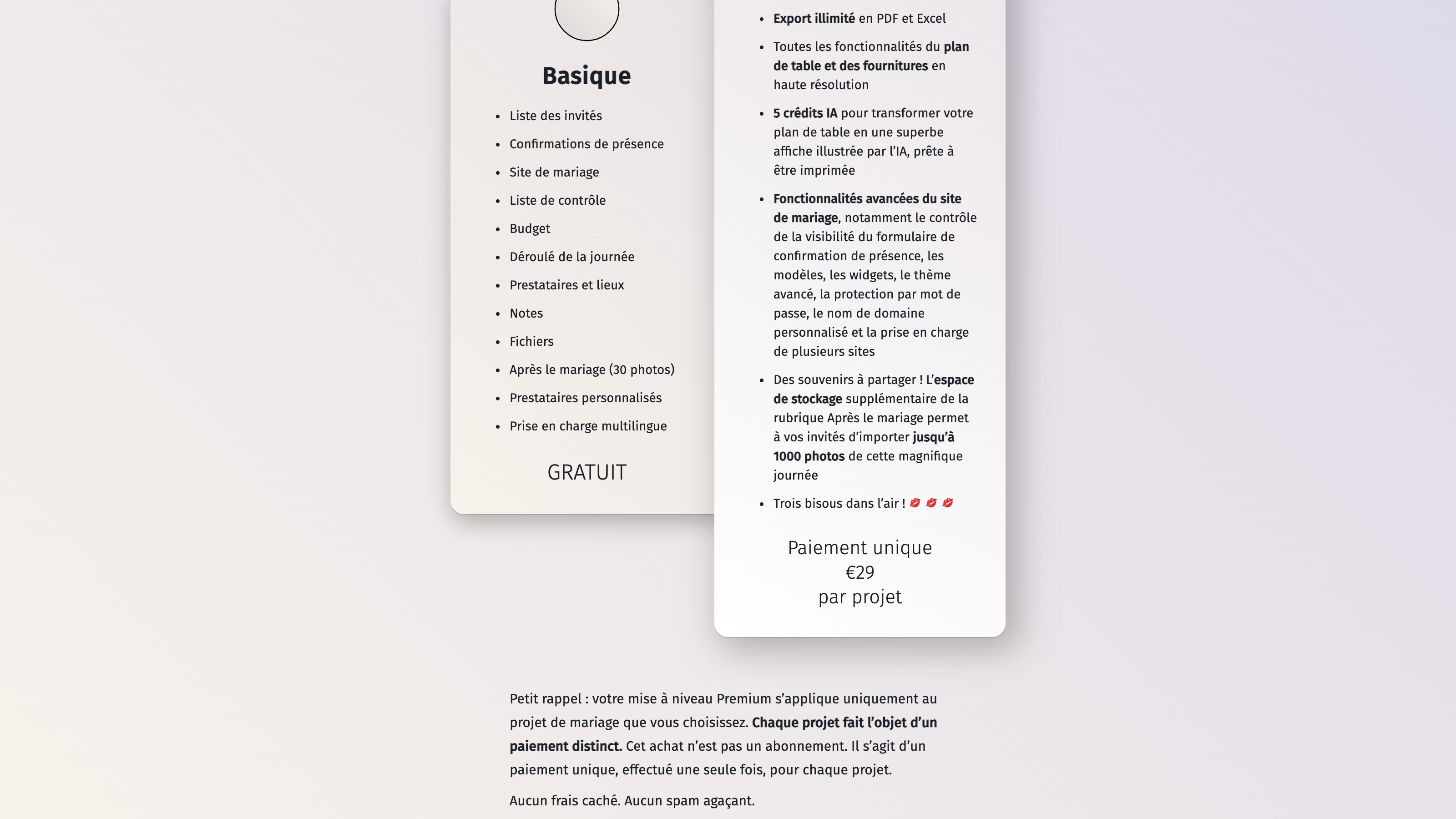 La page tarifs de Planning.wedding : l'offre Basique gratuite et l'offre Premium à 29 € en paiement unique par projet.