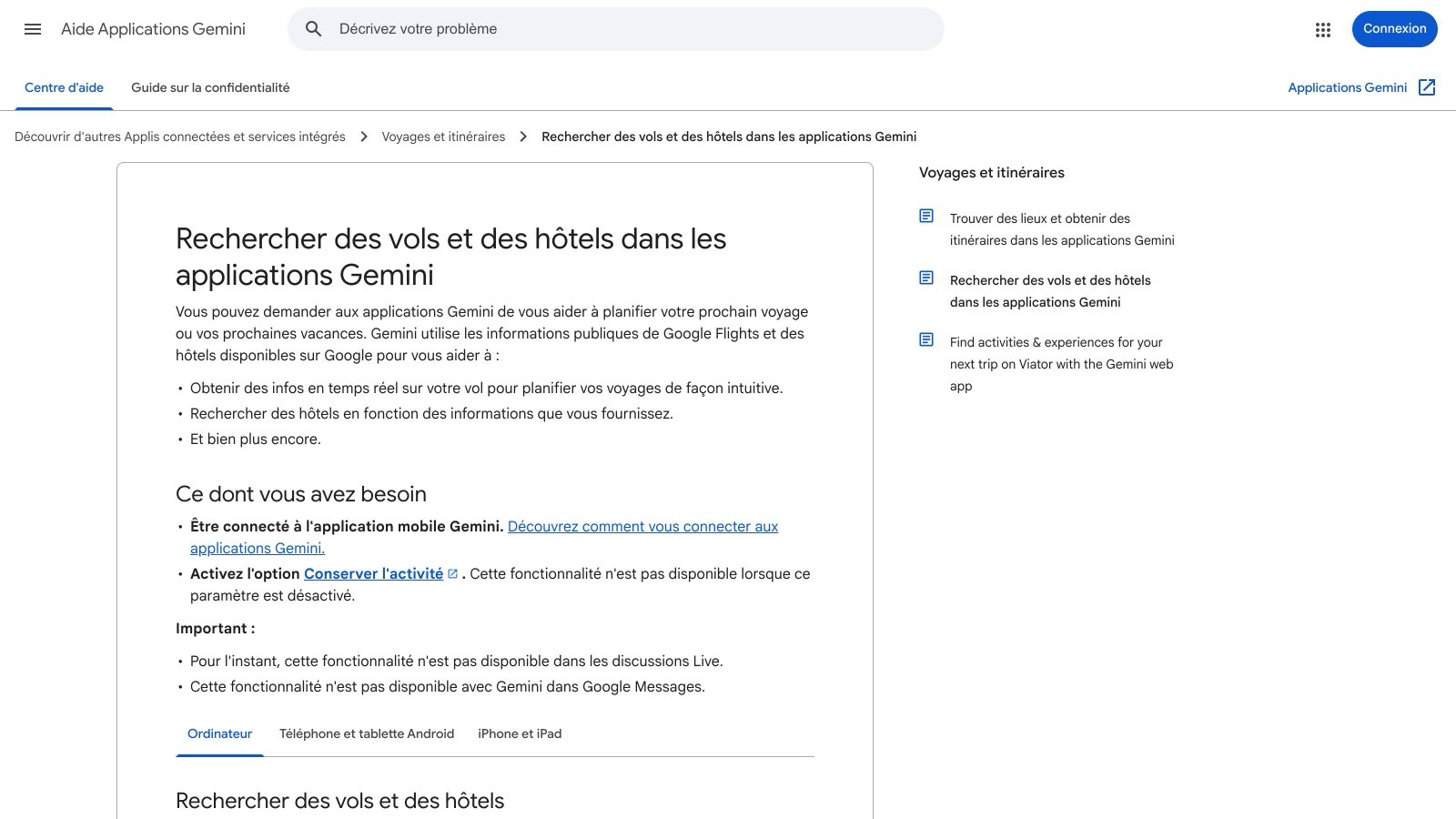 La page d'aide française des applications Gemini liste ce que l'assistant ne peut pas faire, dont réserver.