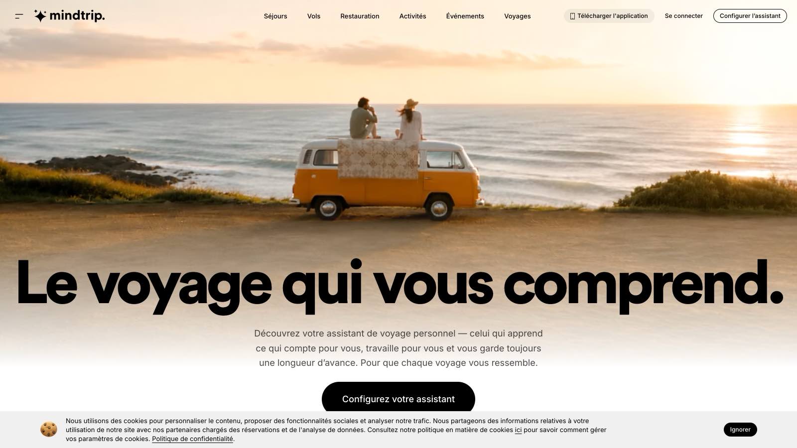mindtrip.ai servi en français depuis la France : menus Séjours, Vols, Restauration, Activités.