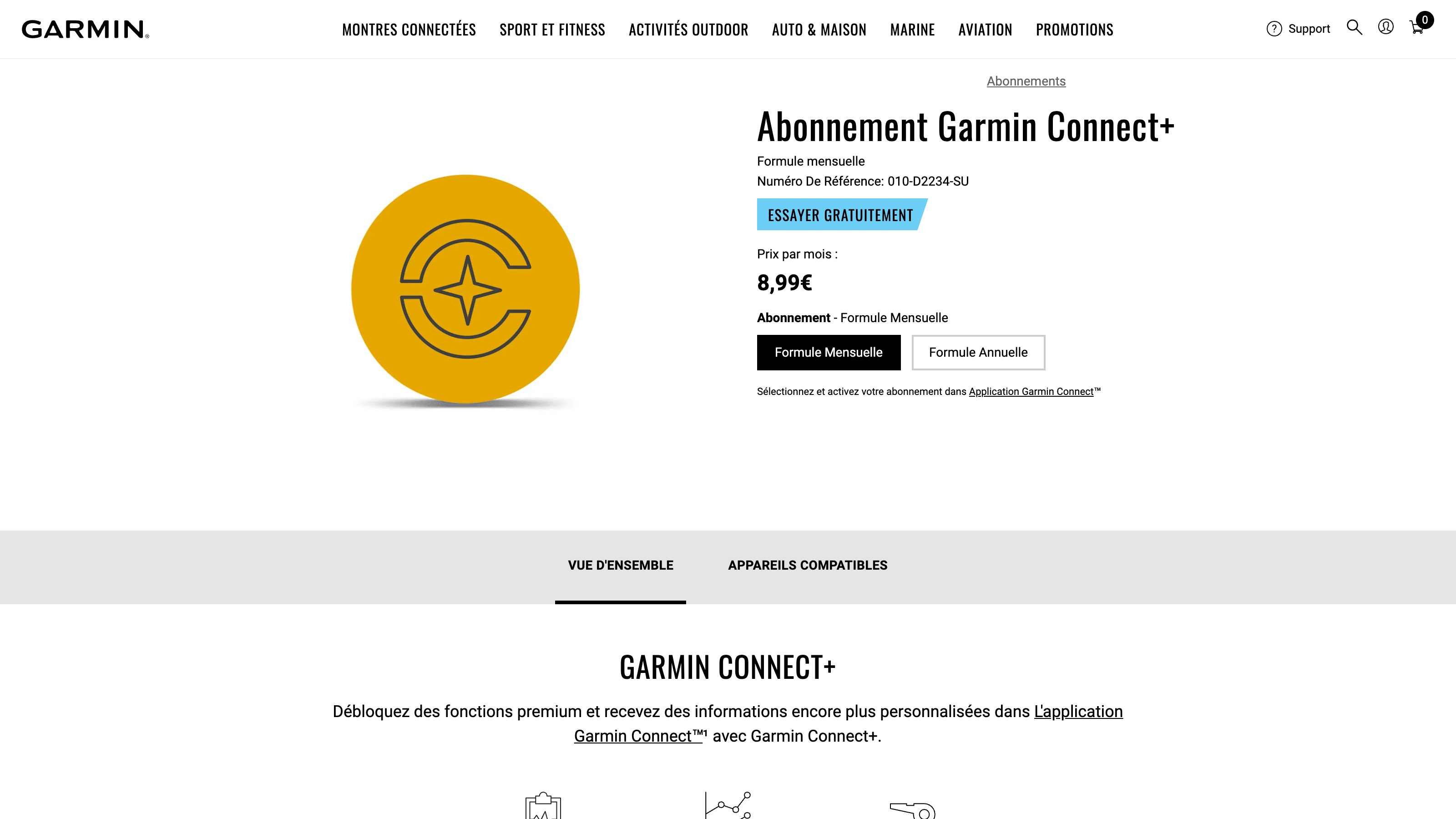 La page produit française de Garmin Connect+ : 8,99 € par mois, avec le sélecteur de formule mensuelle ou annuelle.