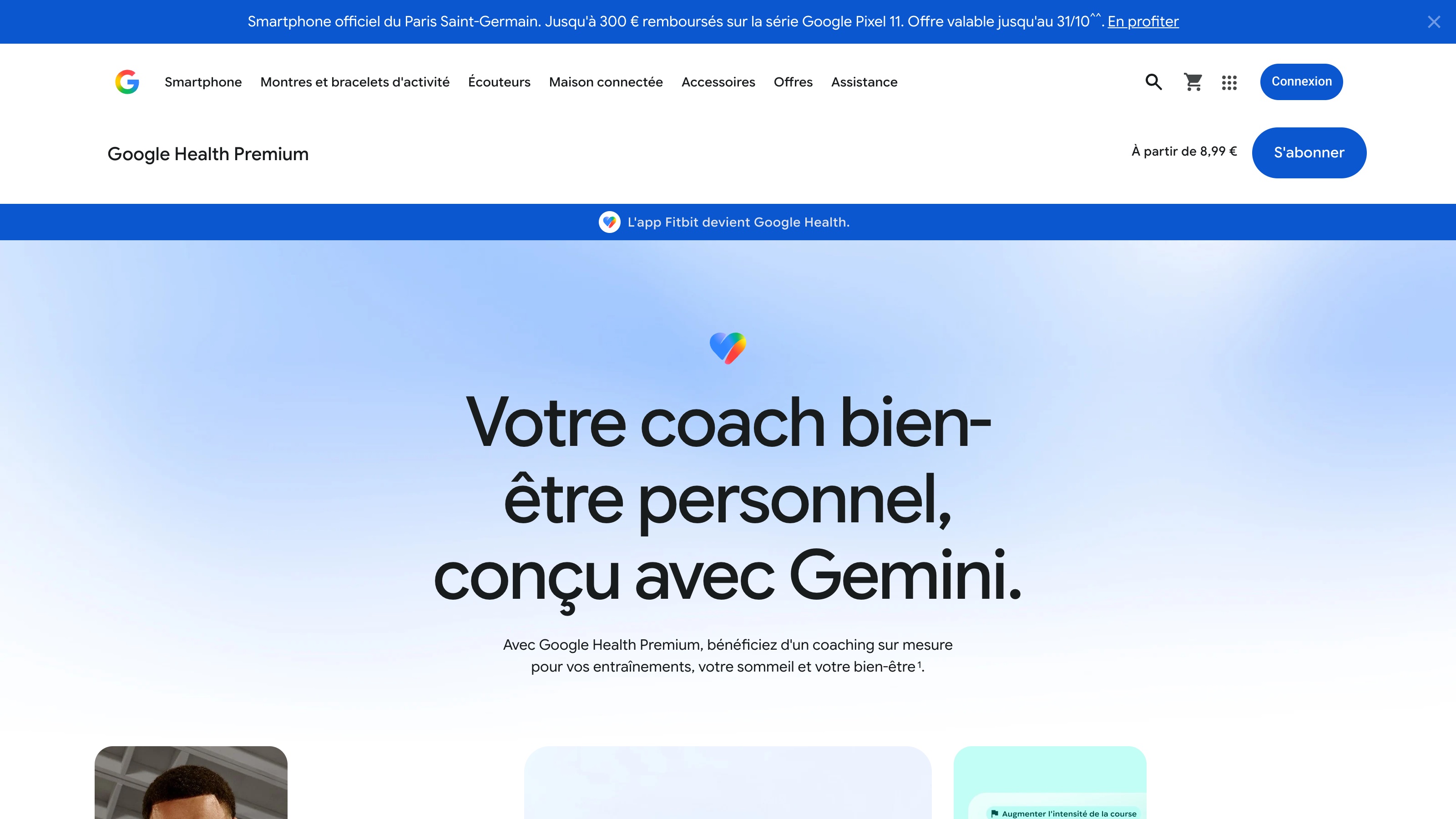 Le Google Store France présente Google Health Premium « à partir de 8,99 € », avec la mention « L'app Fitbit devient Google Health ».