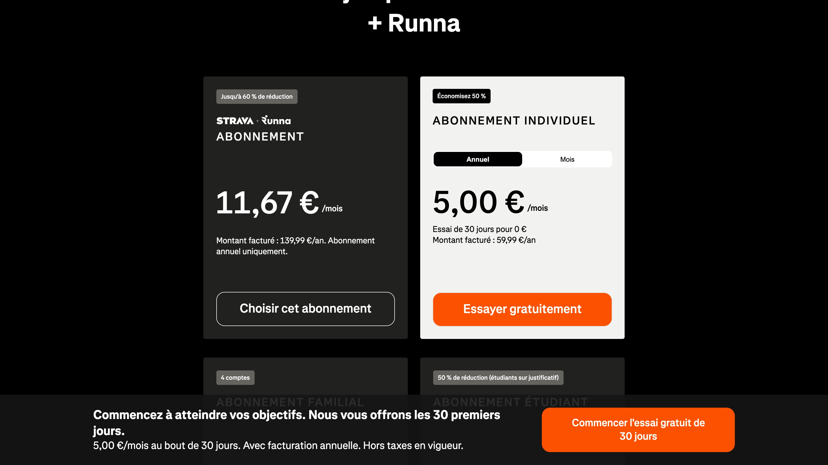 La page d'abonnement Strava en français : le pack Strava + Runna à 11,67 € par mois et l'abonnement individuel à 5,00 € par mois.