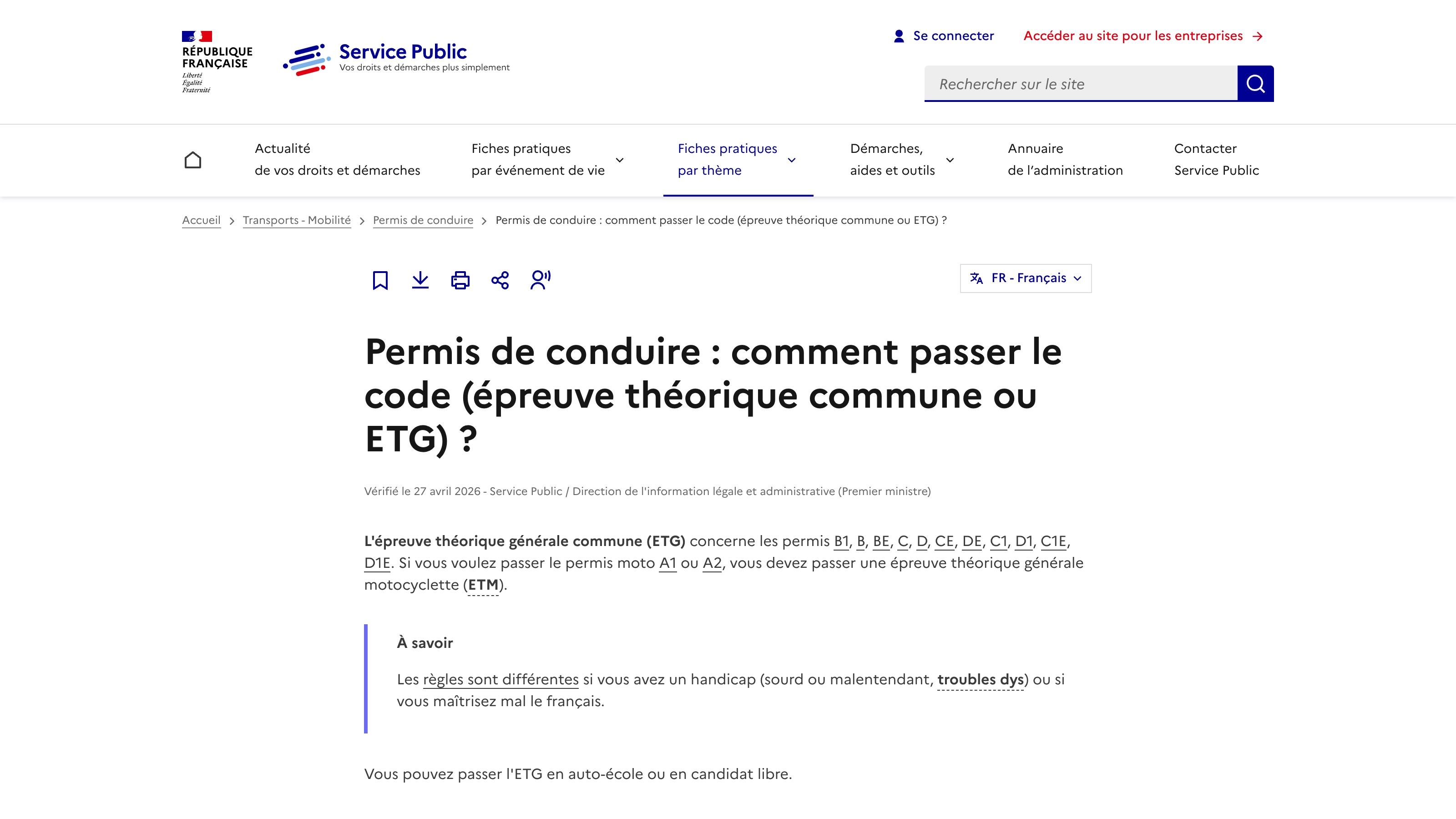 La fiche « Permis de conduire : comment passer le code (ETG) ? » de Service Public, avec la mention « Vérifié le 27 avril 2026 » en en-tête.