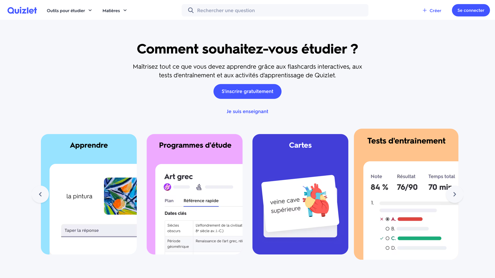 Les quatre modes d'étude que Quizlet met en avant sur sa page d'accueil française.