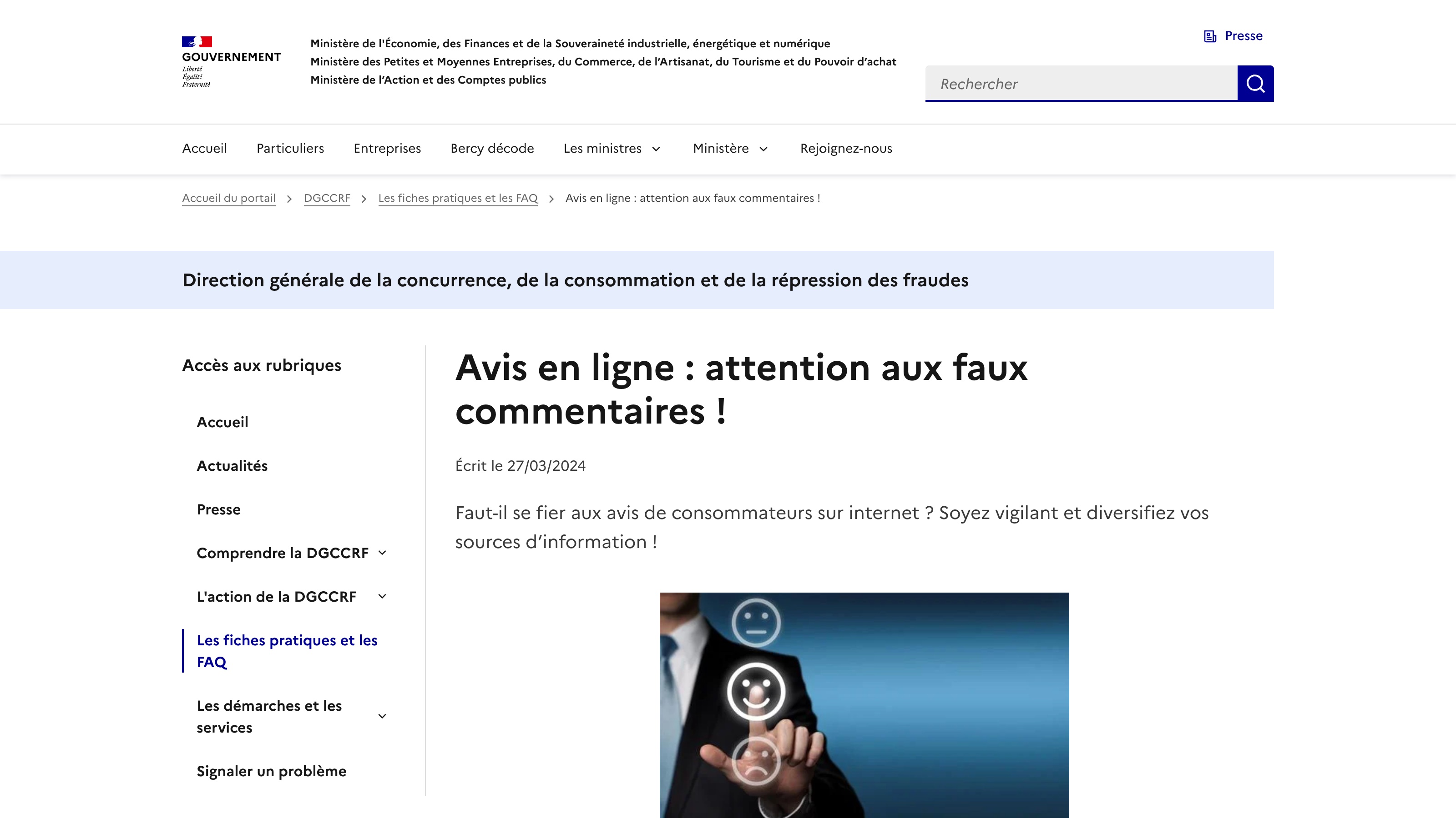 La fiche pratique de la DGCCRF « Avis en ligne : attention aux faux commentaires ! », datée du 27 mars 2024.