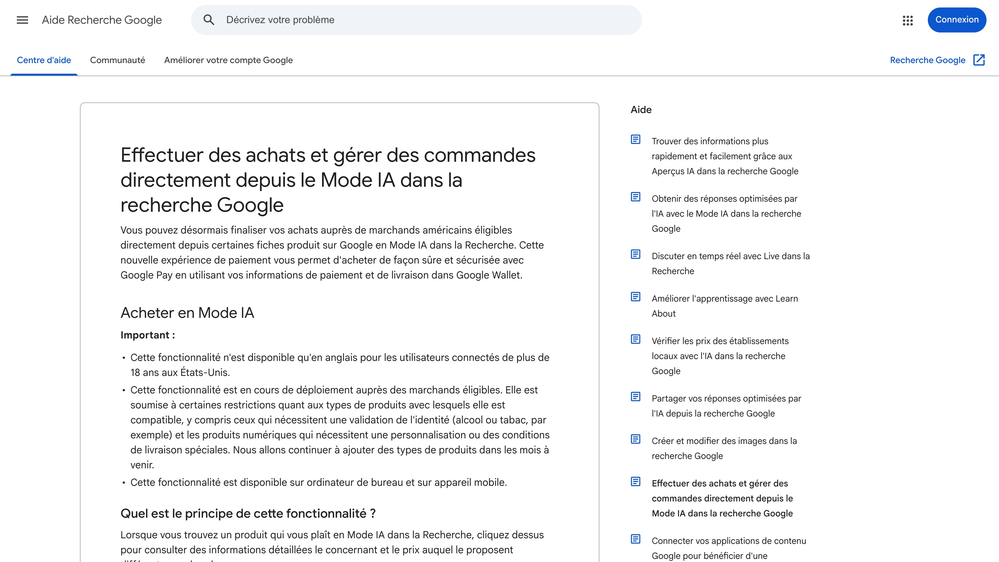 L'encadré « Important » de la page d'aide française : la fonctionnalité d'achat du Mode IA n'est disponible qu'en anglais, pour les utilisateurs connectés de plus de 18 ans aux États-Unis.
