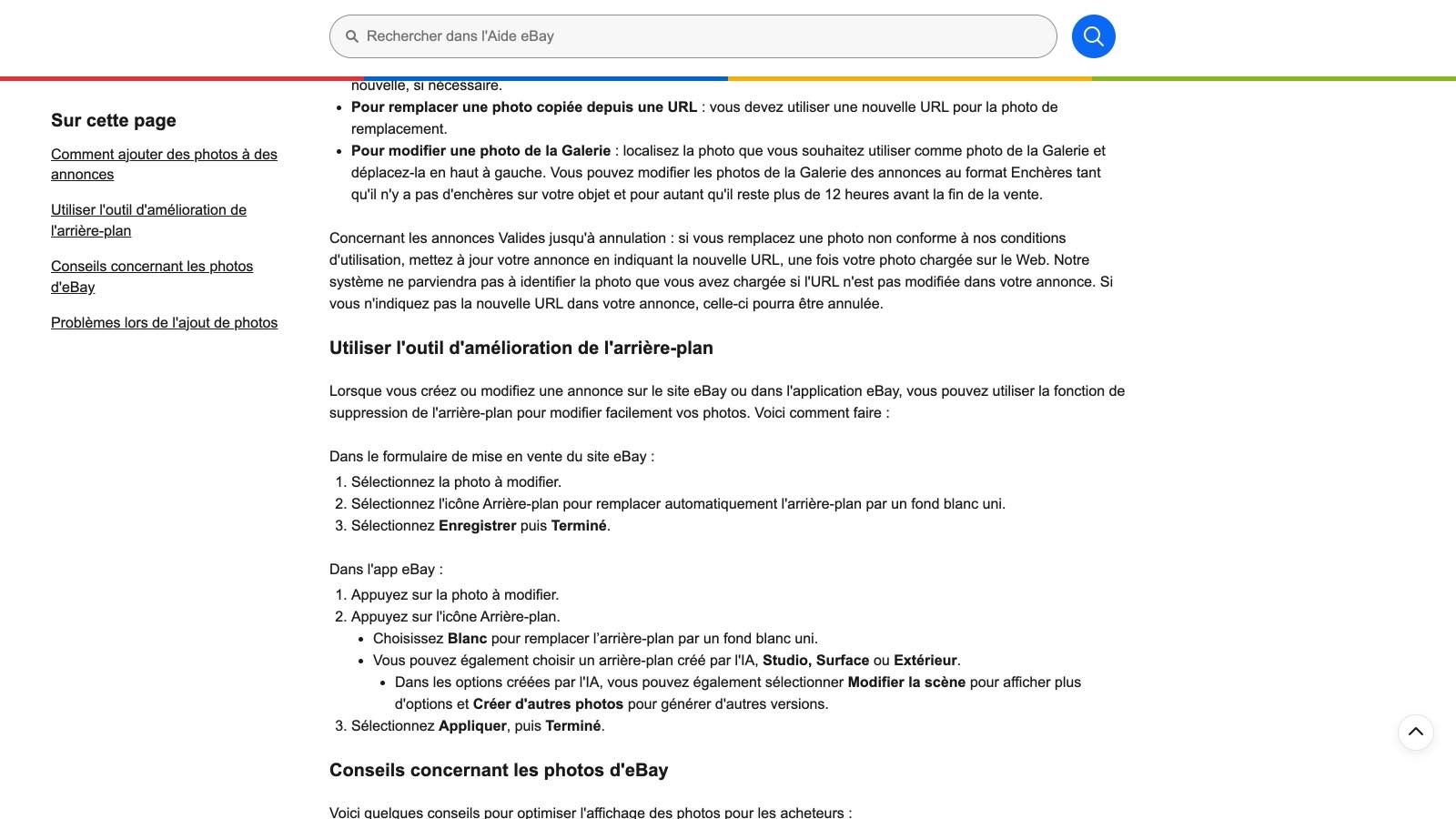 L'aide eBay France détaille l'outil d'arrière-plan : fond blanc uni, ou scènes créées par l'IA nommées Studio, Surface et Extérieur.