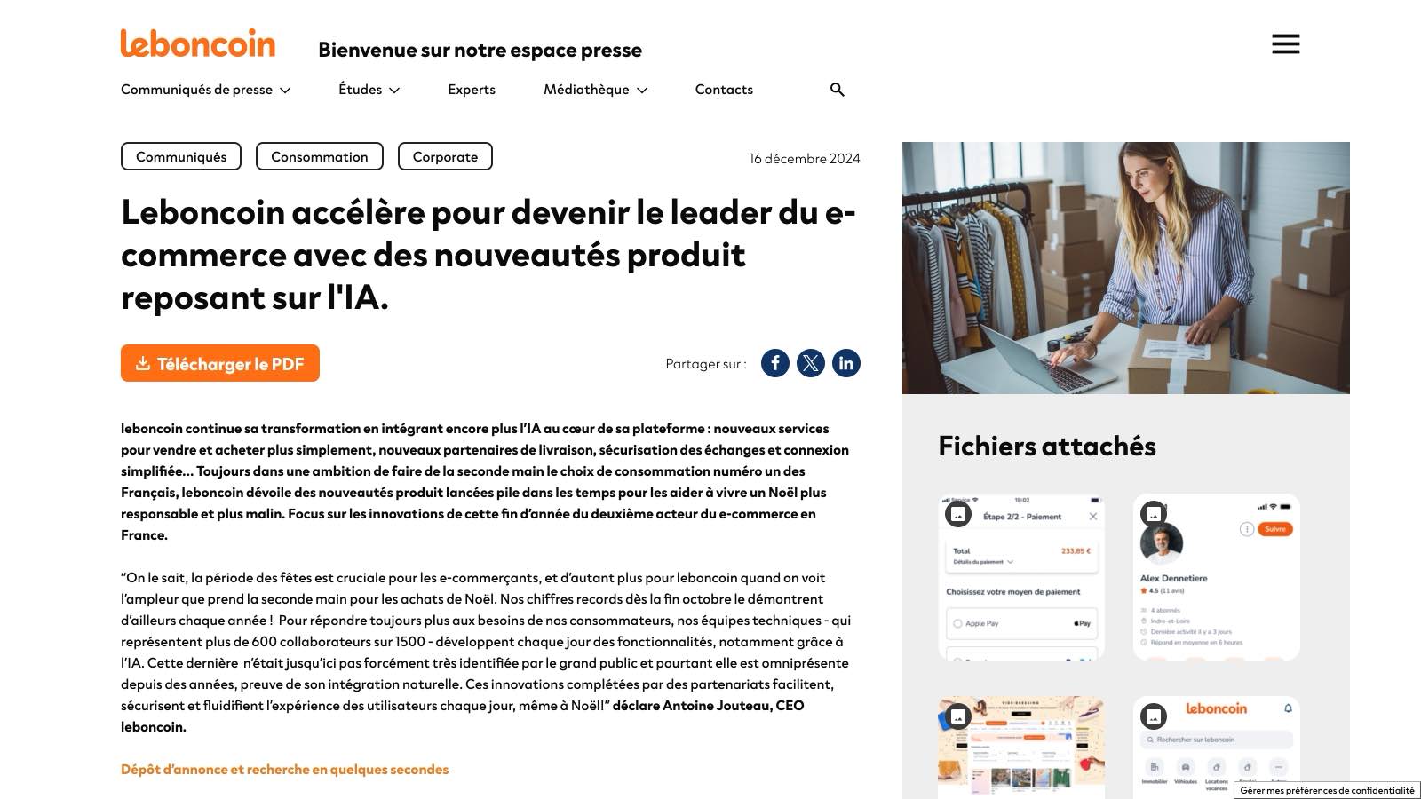 Le communiqué Leboncoin du 16 décembre 2024, qui annonce des « nouveautés produit reposant sur l'IA ».