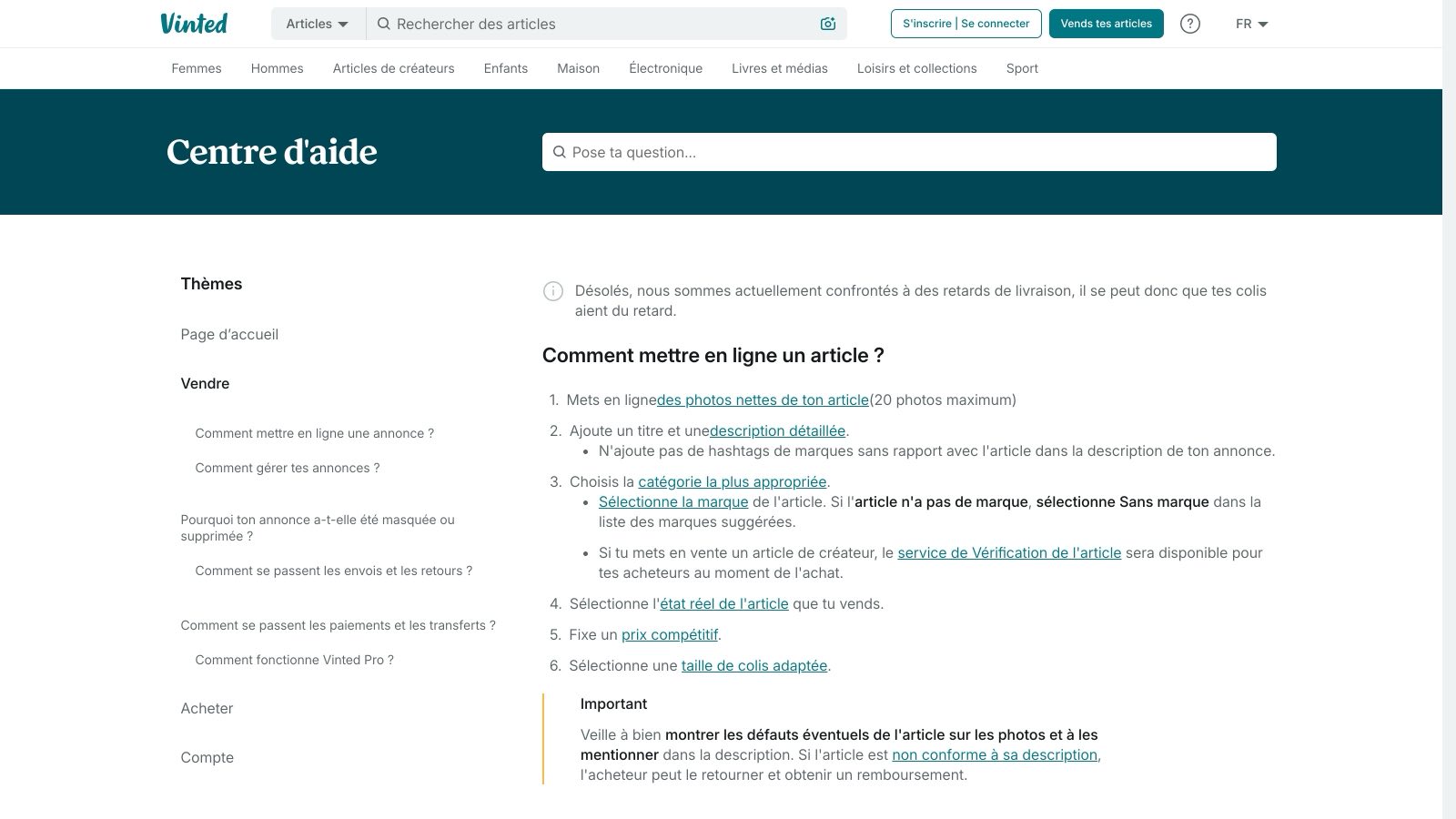 L'aide Vinted détaille les six étapes de la mise en ligne, 20 photos au maximum, avec les défauts à montrer et à mentionner.