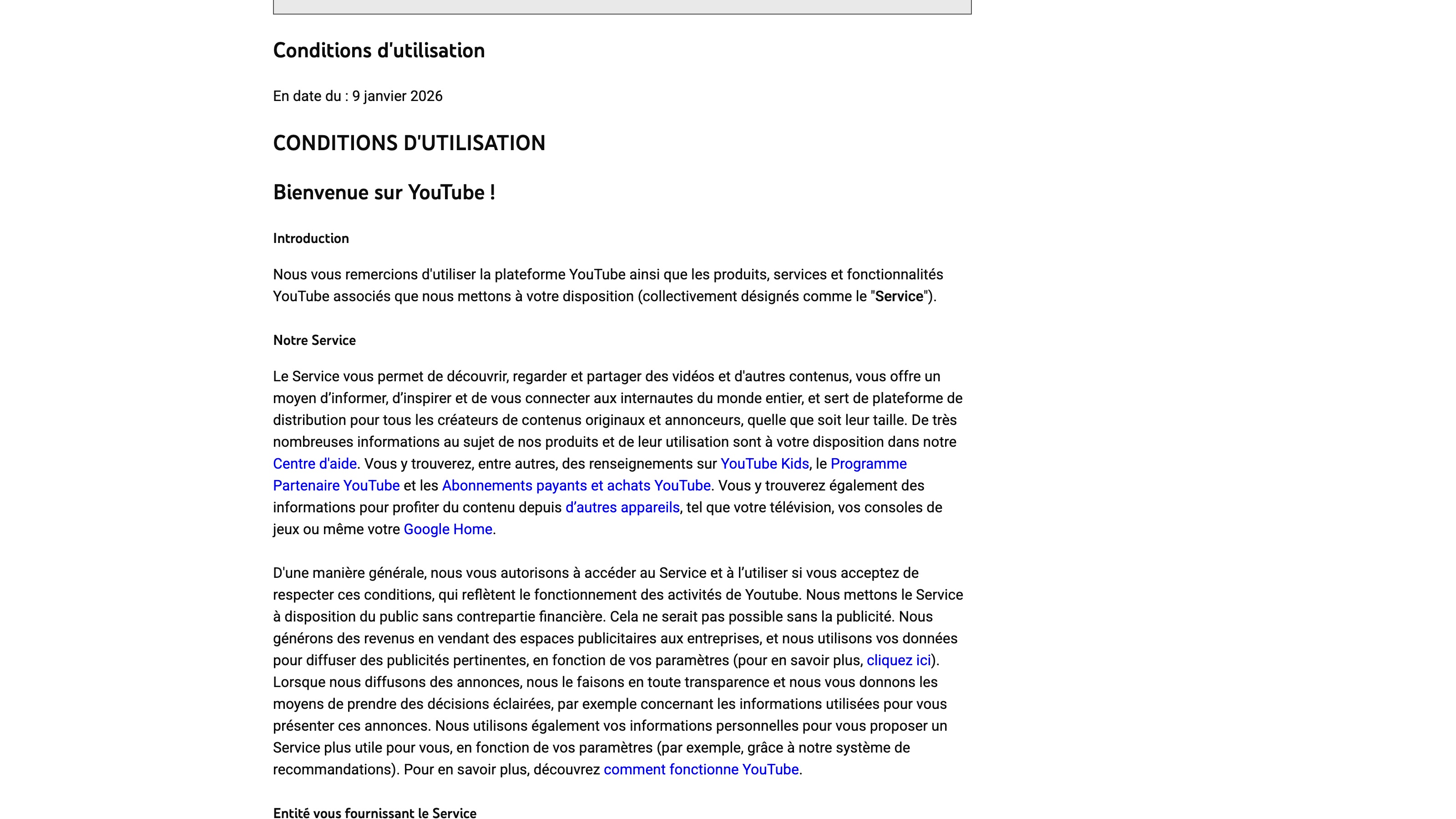 Les conditions d'utilisation de YouTube en français, version en date du 9 janvier 2026.