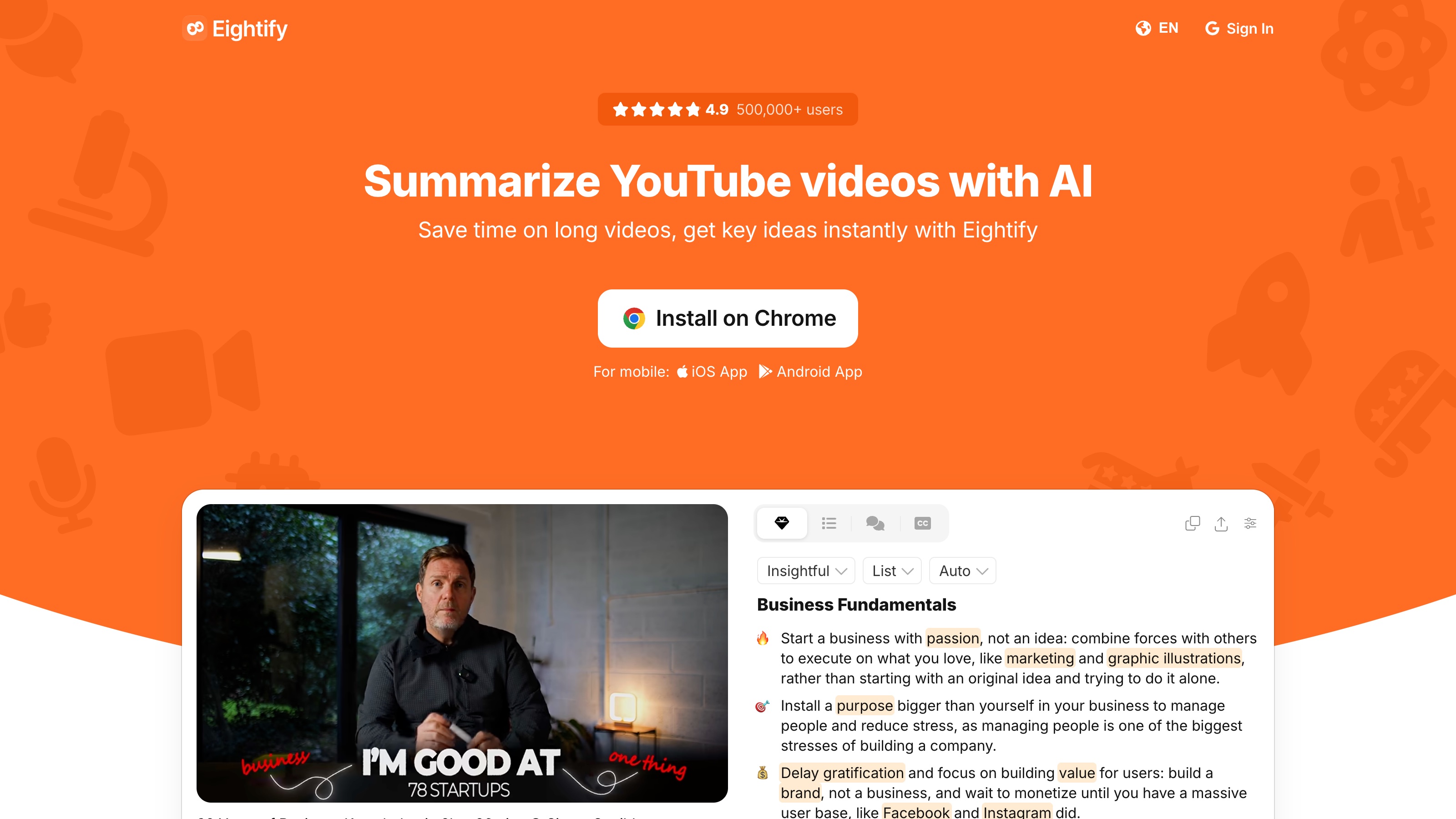 La page d'accueil d'Eightify : badge « 4.9 · 500,000+ users », titre « Summarize YouTube videos with AI ».