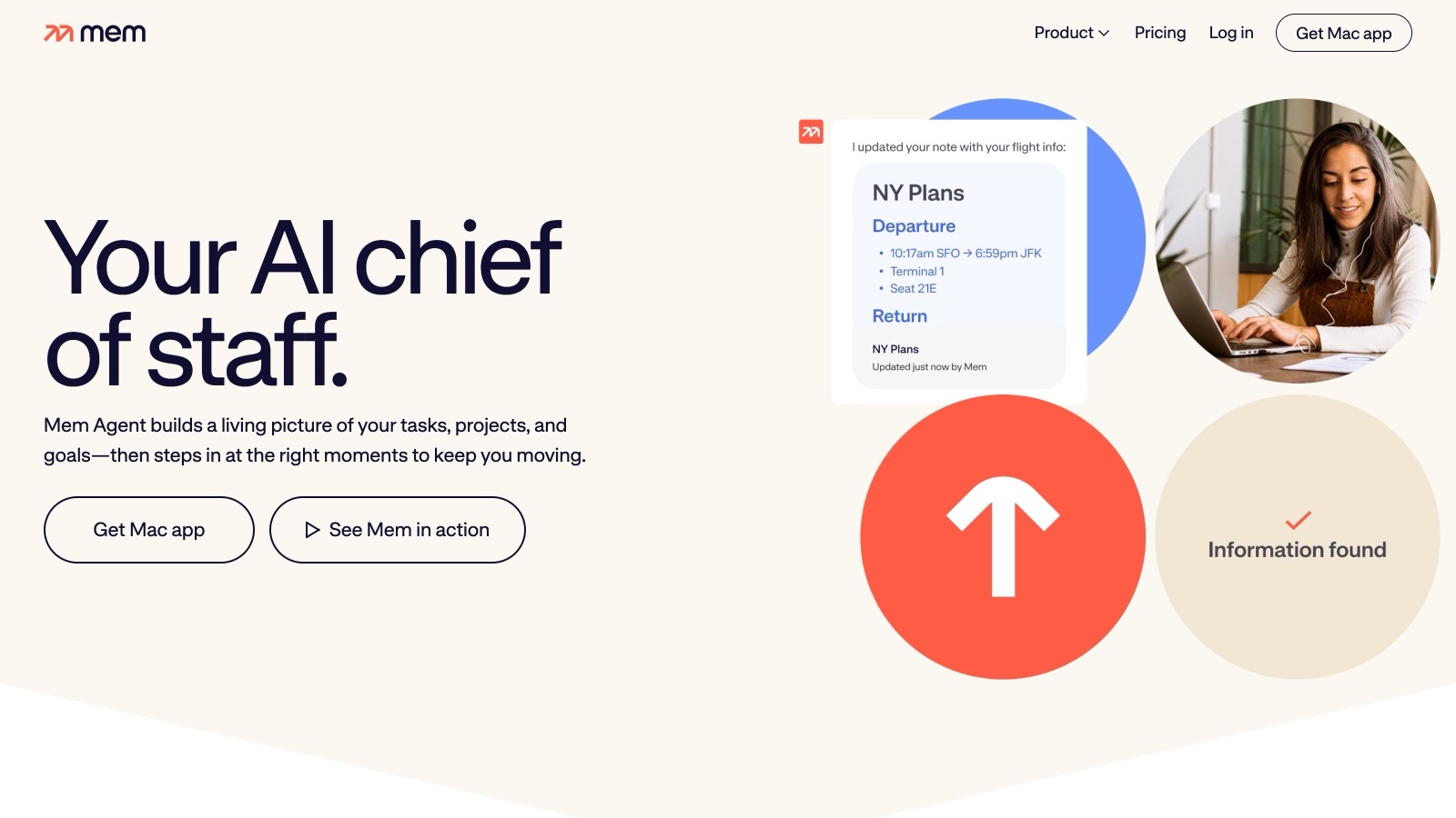 La page d'accueil de Mem au 25 août 2026 : « Your AI chief of staff. » Mem Agent est désormais au centre du produit, adossé au Workspace.