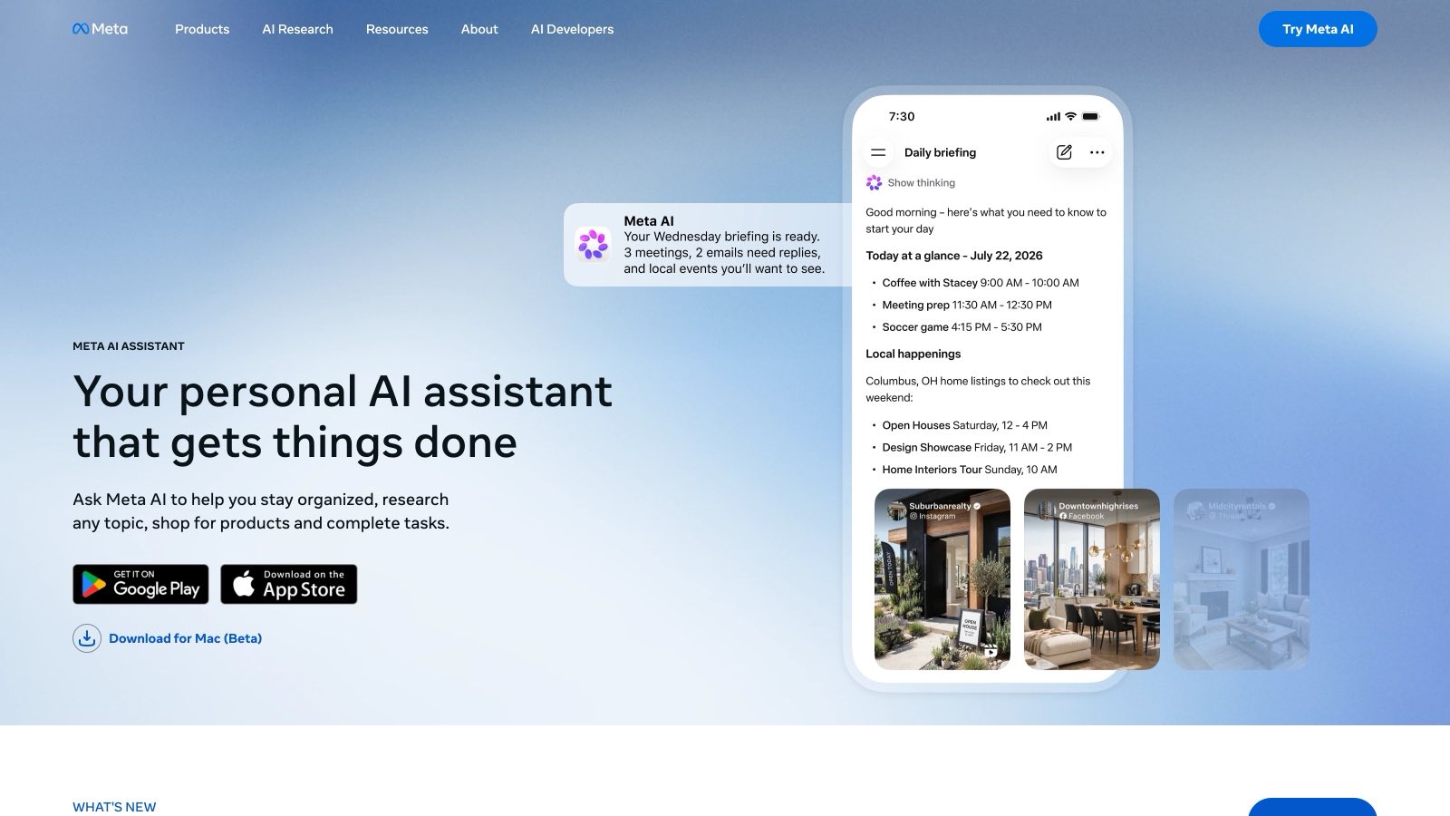 La page produit officielle de Meta AI, consultée le 21 août 2026, annonce la version Mac en bêta et met en avant la dictée et la lecture d'écran.
