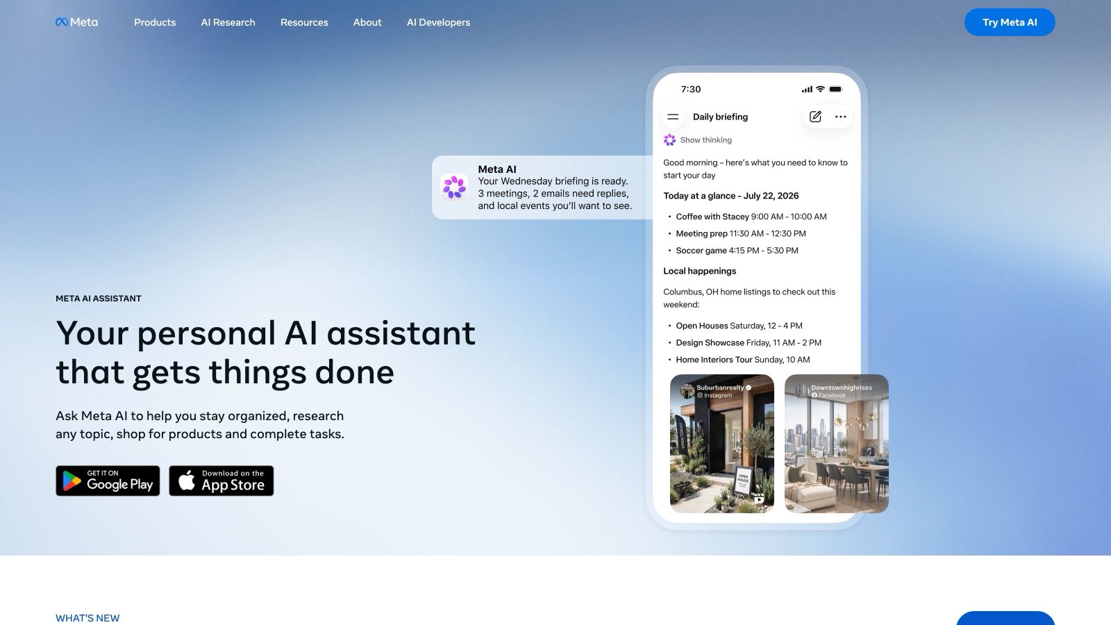 La page produit officielle sur ai.meta.com, en anglais, où Meta présente son « assistant personnel qui fait avancer les choses » et met en avant le briefing quotidien alimenté par l'agenda et la messagerie.