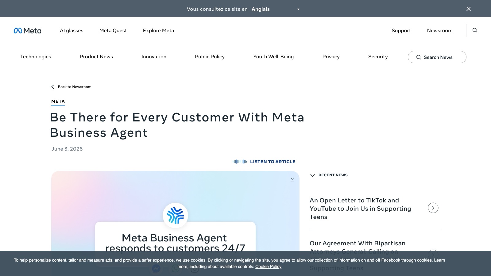 La page officielle de Meta Business Agent, annoncée le 3 juin 2026 : les agents IA que Meta vend aux entreprises sont la partie commerciale de la stratégie « AI native ».