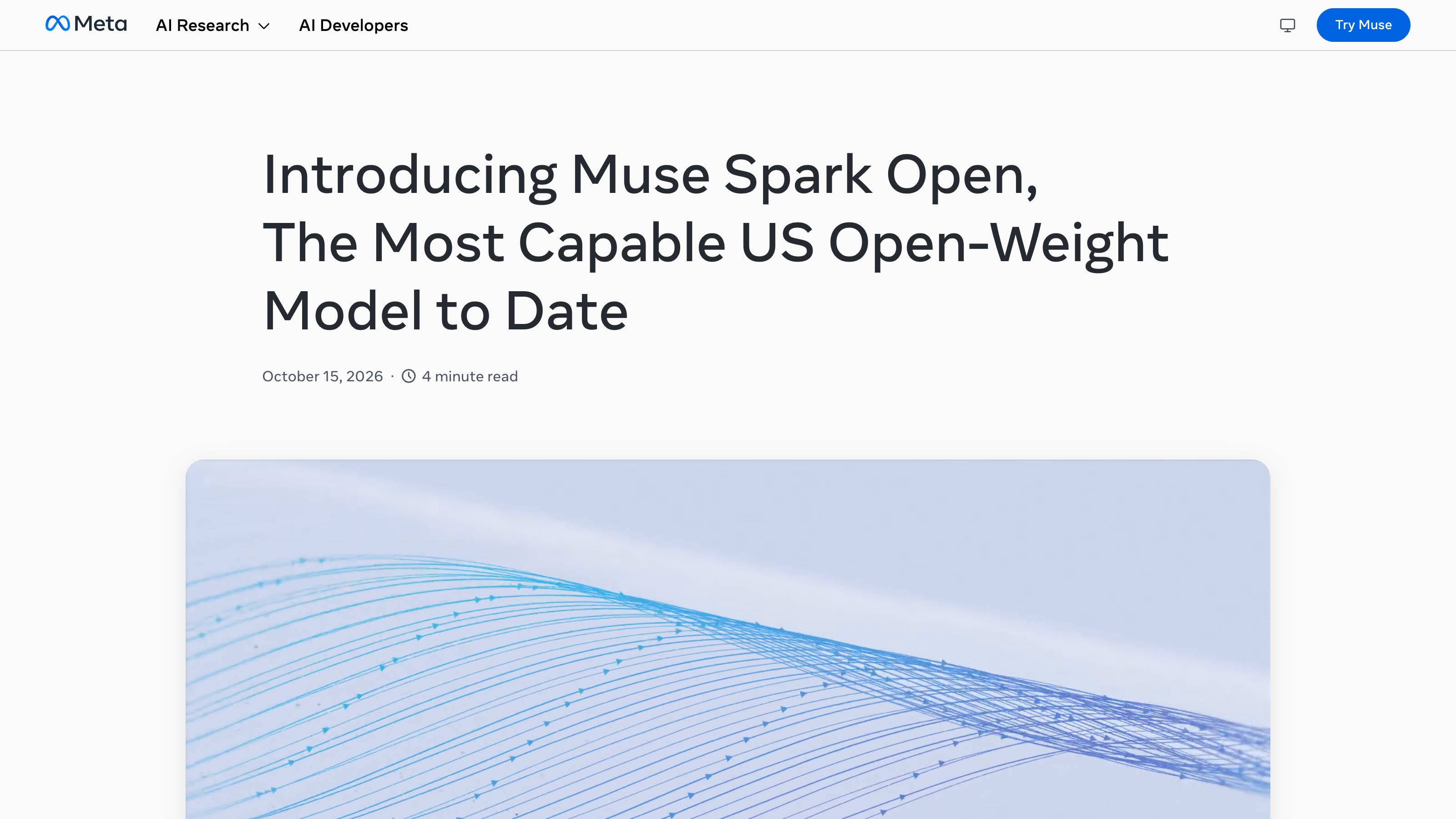 Le billet « Introducing Muse Spark Open, The Most Capable US Open-Weight Model to Date », daté du 15 octobre 2026.