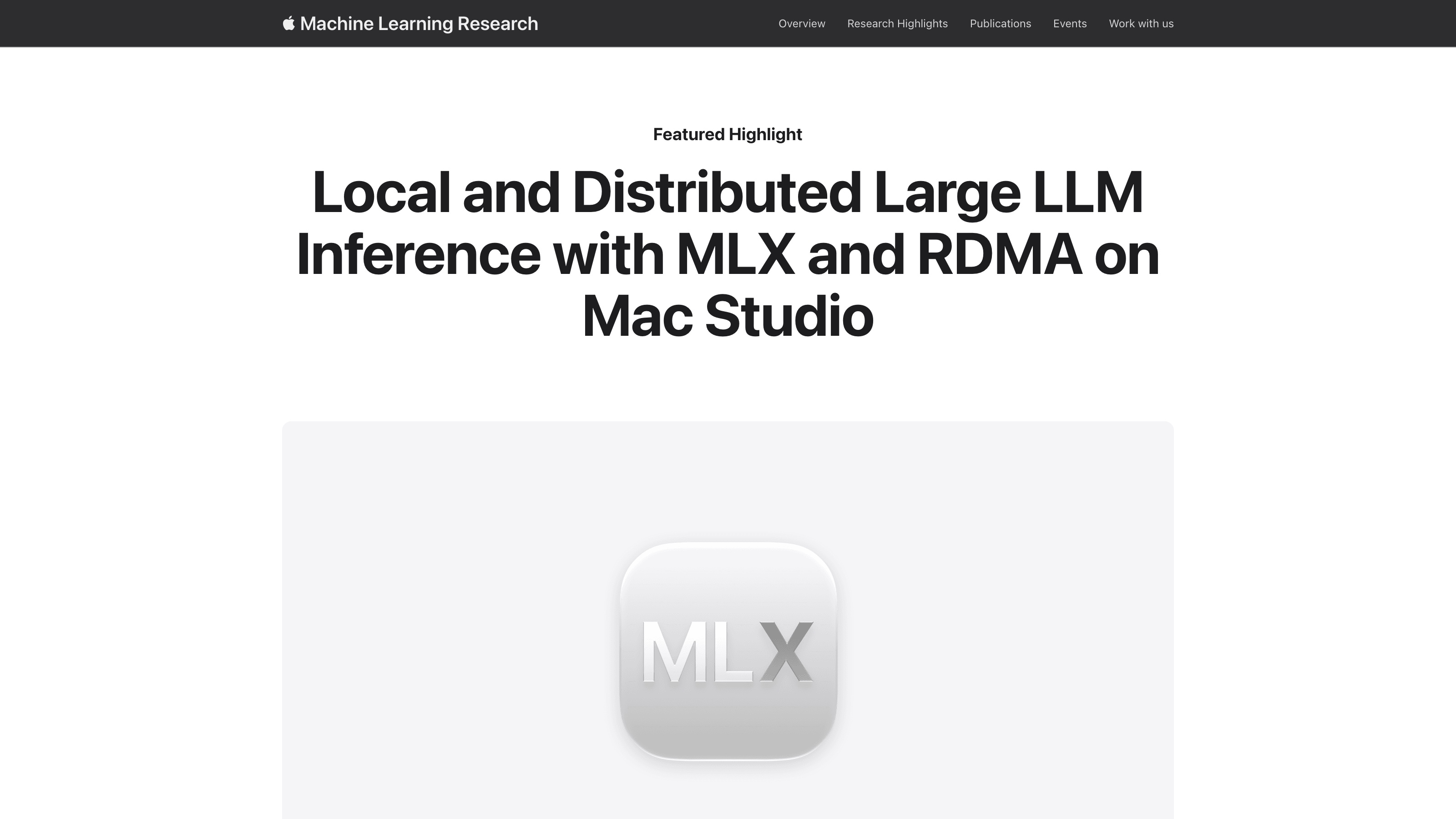 Le billet d'Apple Machine Learning Research, « Local and Distributed Large LLM Inference with MLX and RDMA on Mac Studio », et son logo MLX.