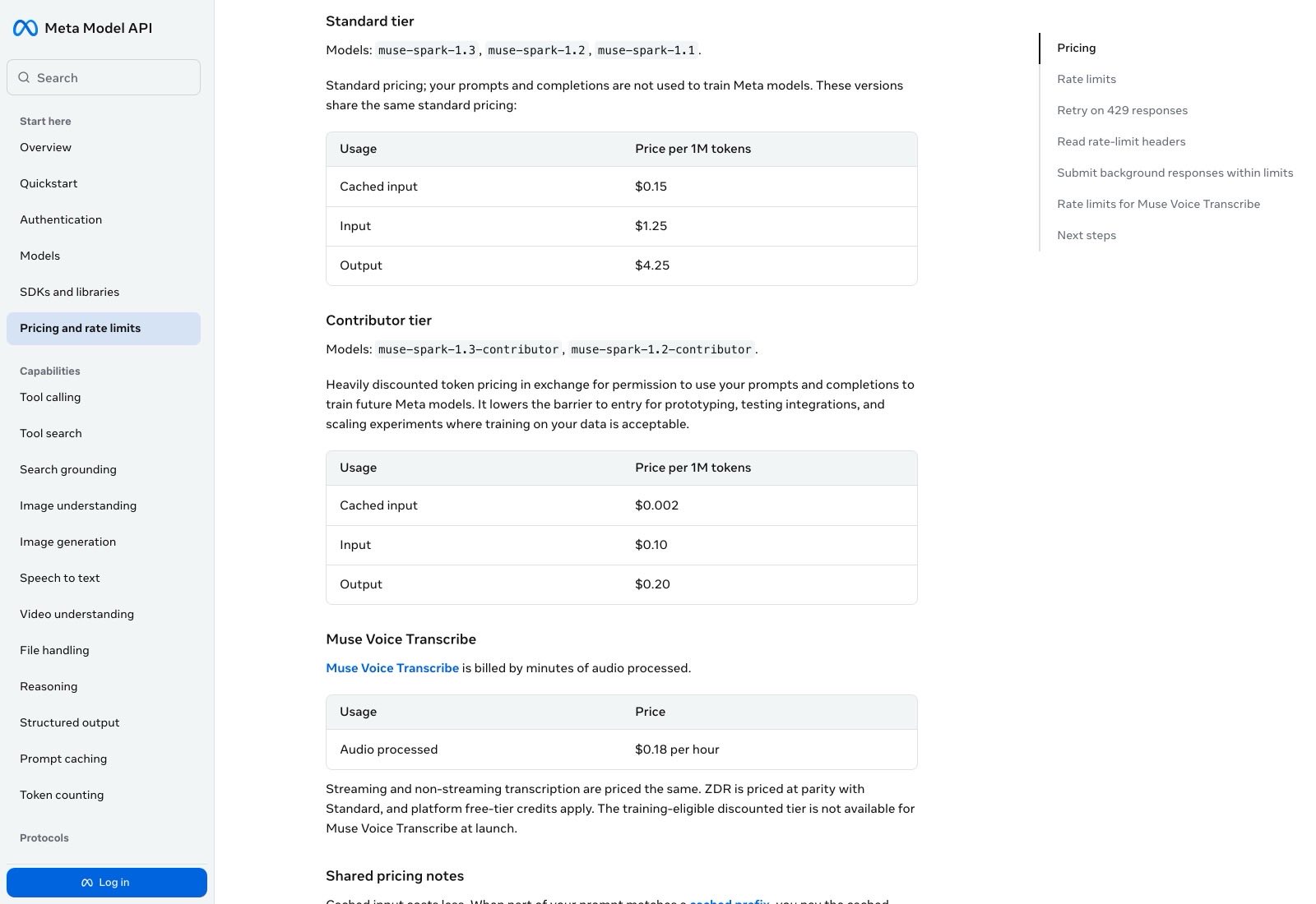La page tarifaire officielle de Meta, relue le 4 septembre 2026 : le palier « contributor » couvre muse-spark-1.2-contributor et muse-spark-1.3-contributor.