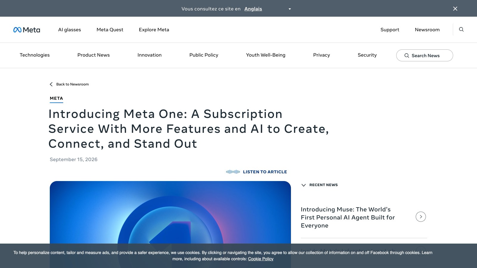Le communiqué d'annonce de Meta One sur le newsroom officiel de Meta, mardi 15 septembre 2026.