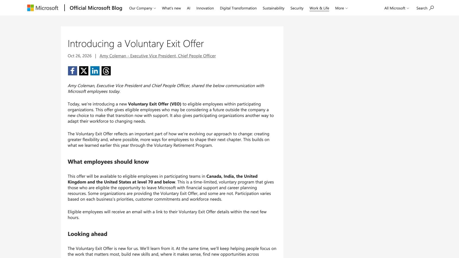 Le billet « Introducing a Voluntary Exit Offer » sur le blog officiel de Microsoft, daté du 26 octobre 2026 et signé d'Amy Coleman.