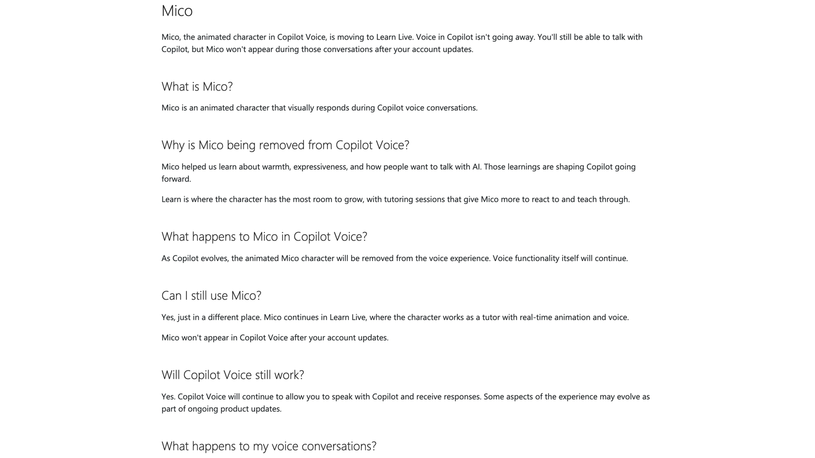 La FAQ officielle de Microsoft confirme le retrait de Mico de Copilot Voice et son maintien dans Learn Live.