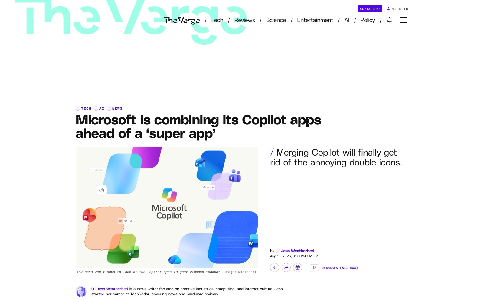 L'annonce reprise par The Verge le 13 août 2026 : la fusion commence par les applications Copilot et Microsoft 365 Copilot.