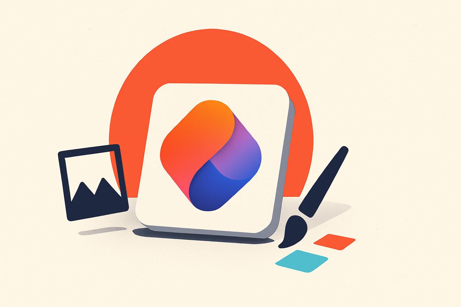 Illustration : l'application Microsoft Designer au centre, entre un cadre photo et une pipette de couleur, sur fond papier crème.