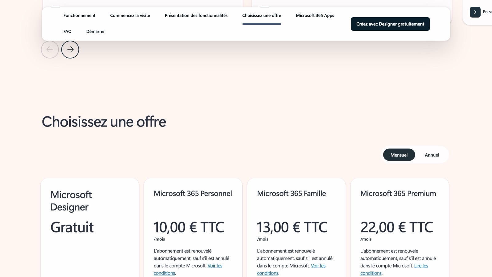 La section « Choisissez une offre » de la page produit Microsoft Designer : gratuit, puis Microsoft 365 Personnel à 10,00 €, Famille à 13,00 € et Premium à 22,00 € par mois.