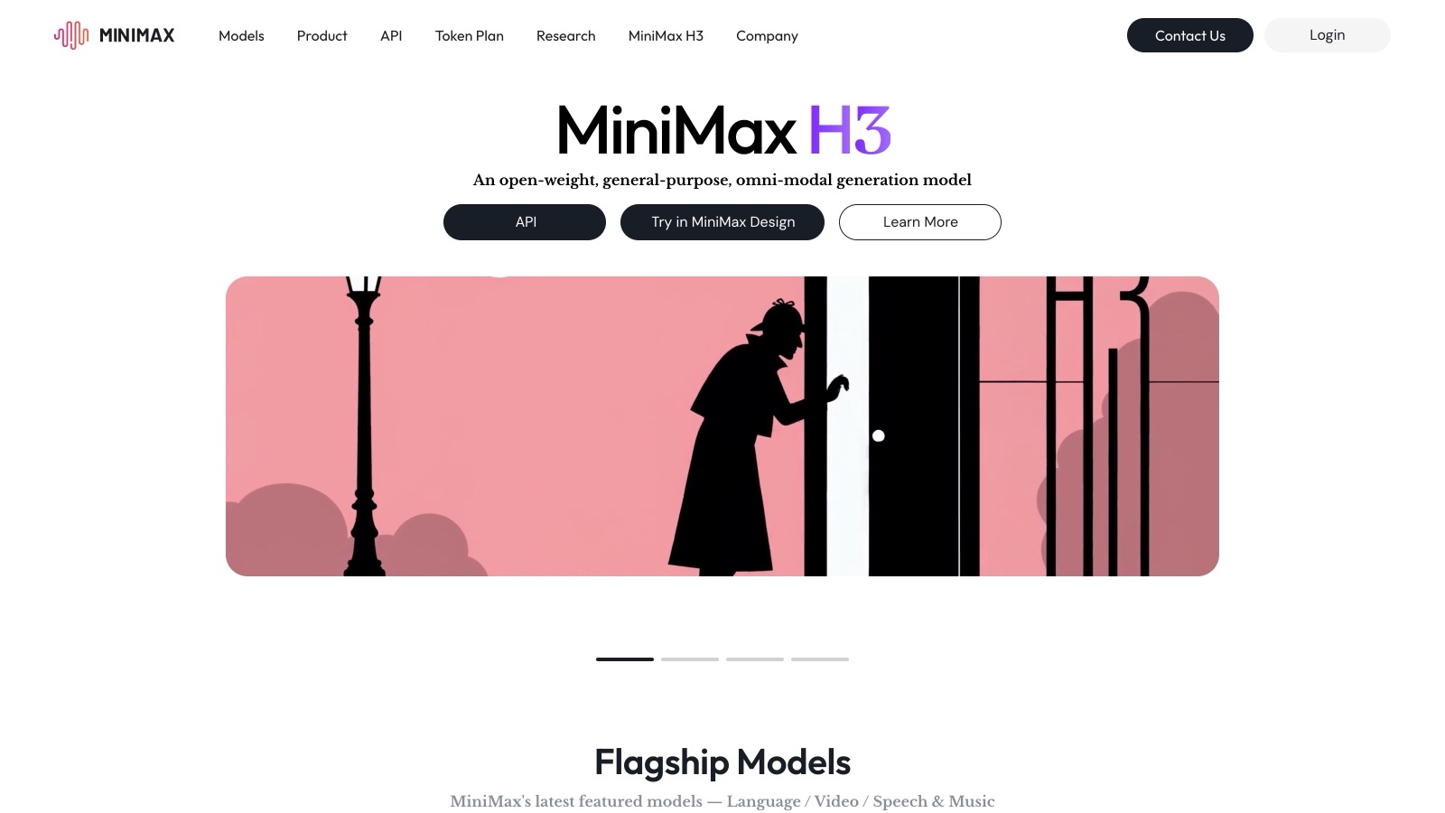 Page d'accueil officielle de MiniMax, avec le modèle vidéo H3 en héros et les familles de modèles phares (M3, H3, Speech 2.8).