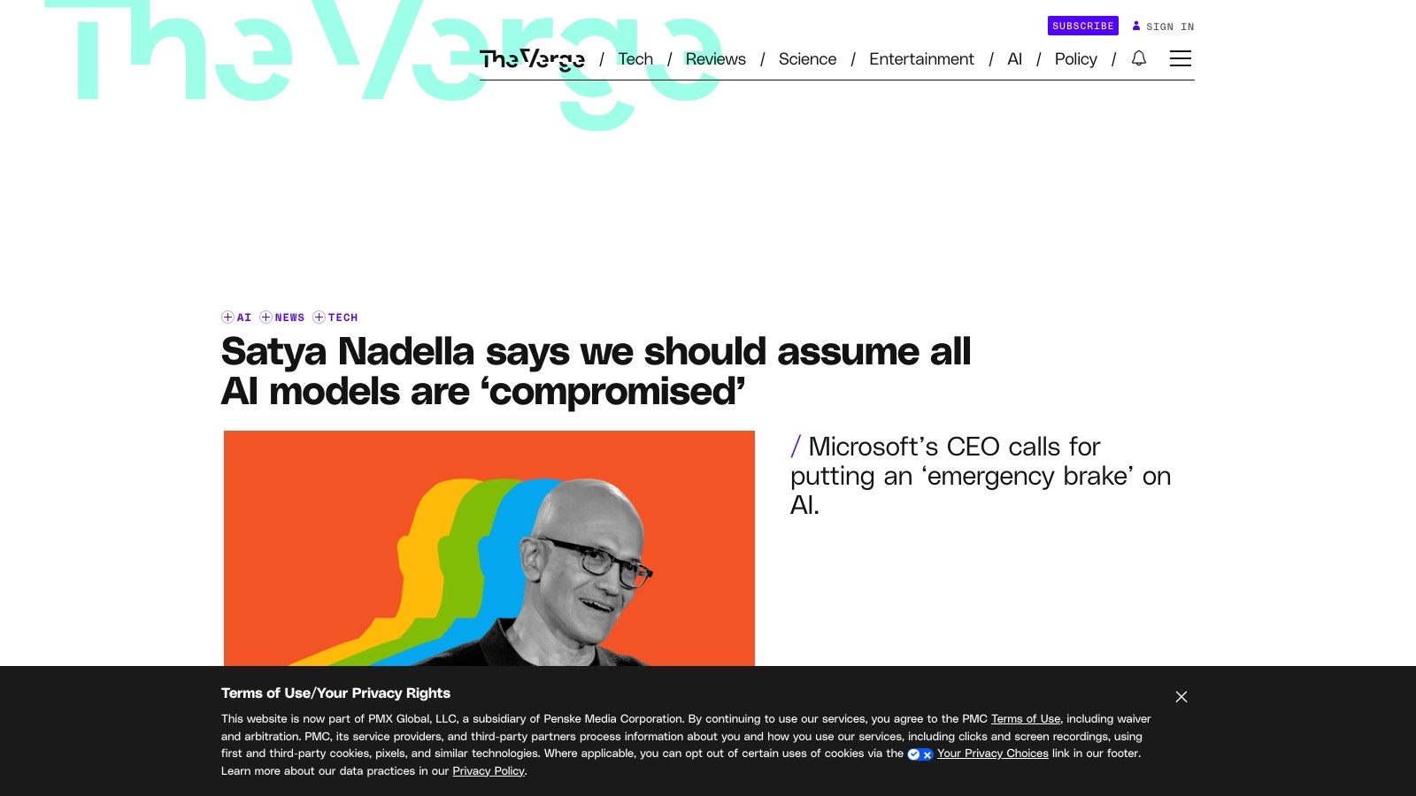 The Verge, 11 octobre 2026 : titre et chapô de l'article consacré au texte de Nadella.