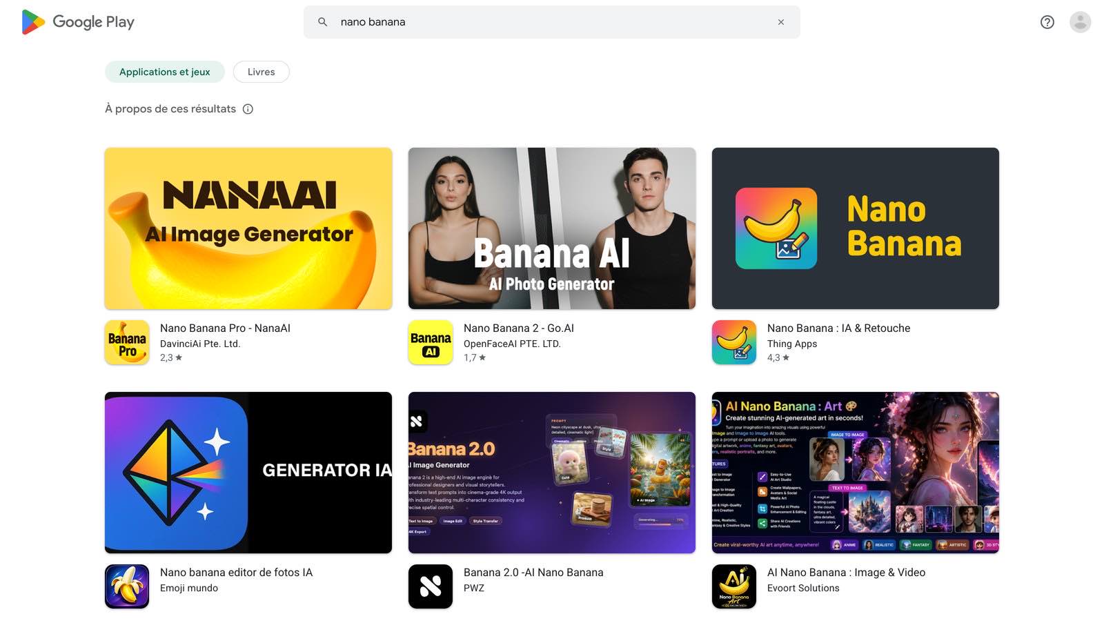 Résultats de la recherche « nano banana » sur le Google Play Store français : les premières applications proposées sont éditées par des sociétés tierces, pas par Google.