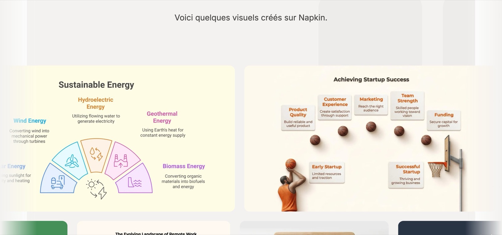 Galerie publique de la page d'accueil de Napkin AI : les visuels sont des schémas structurés (secteurs, cartes, flèches), pas des images génératives.