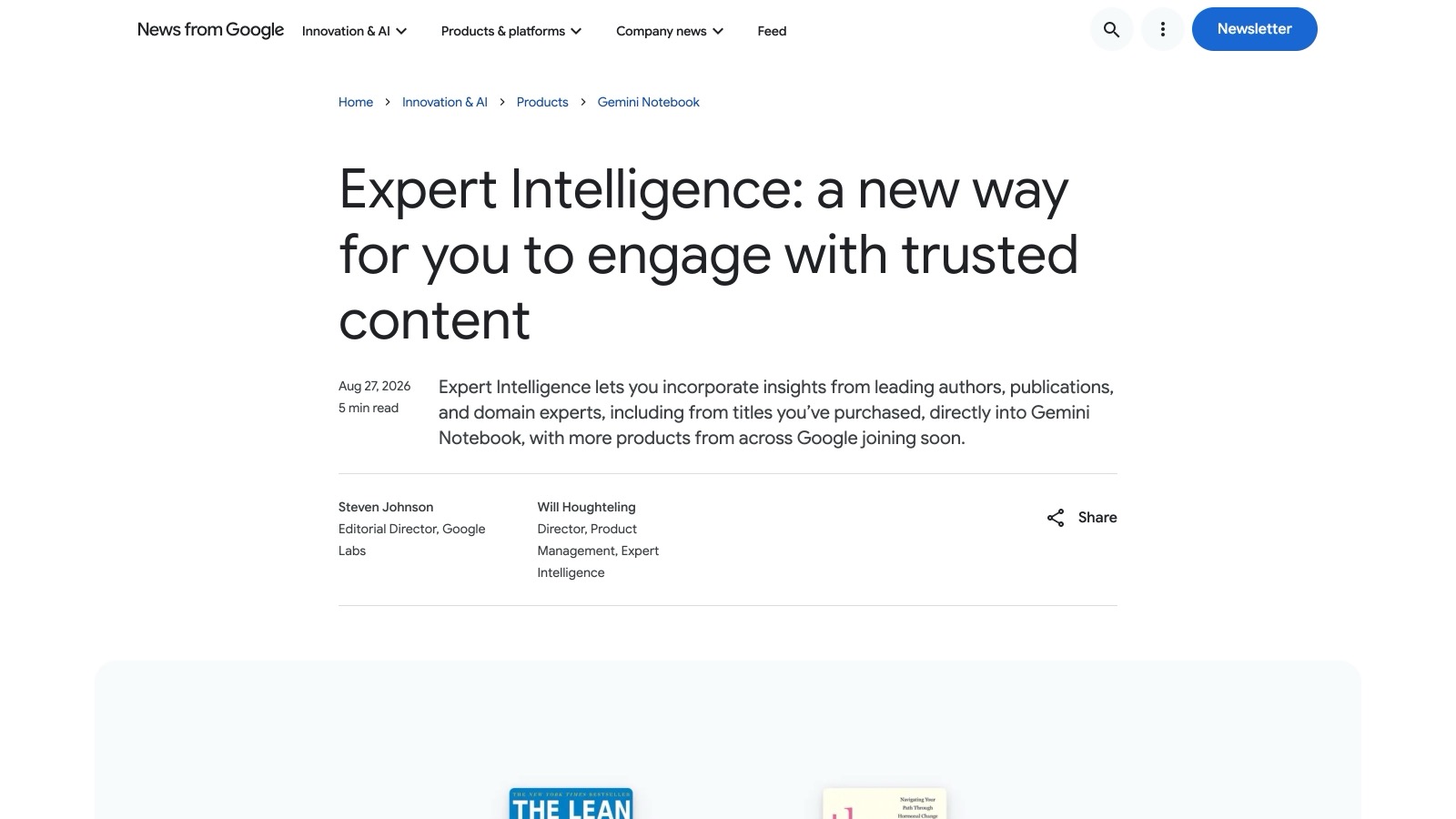 L'annonce officielle d'Expert Intelligence sur le blog Google de Gemini Notebook, le 27 août 2026.