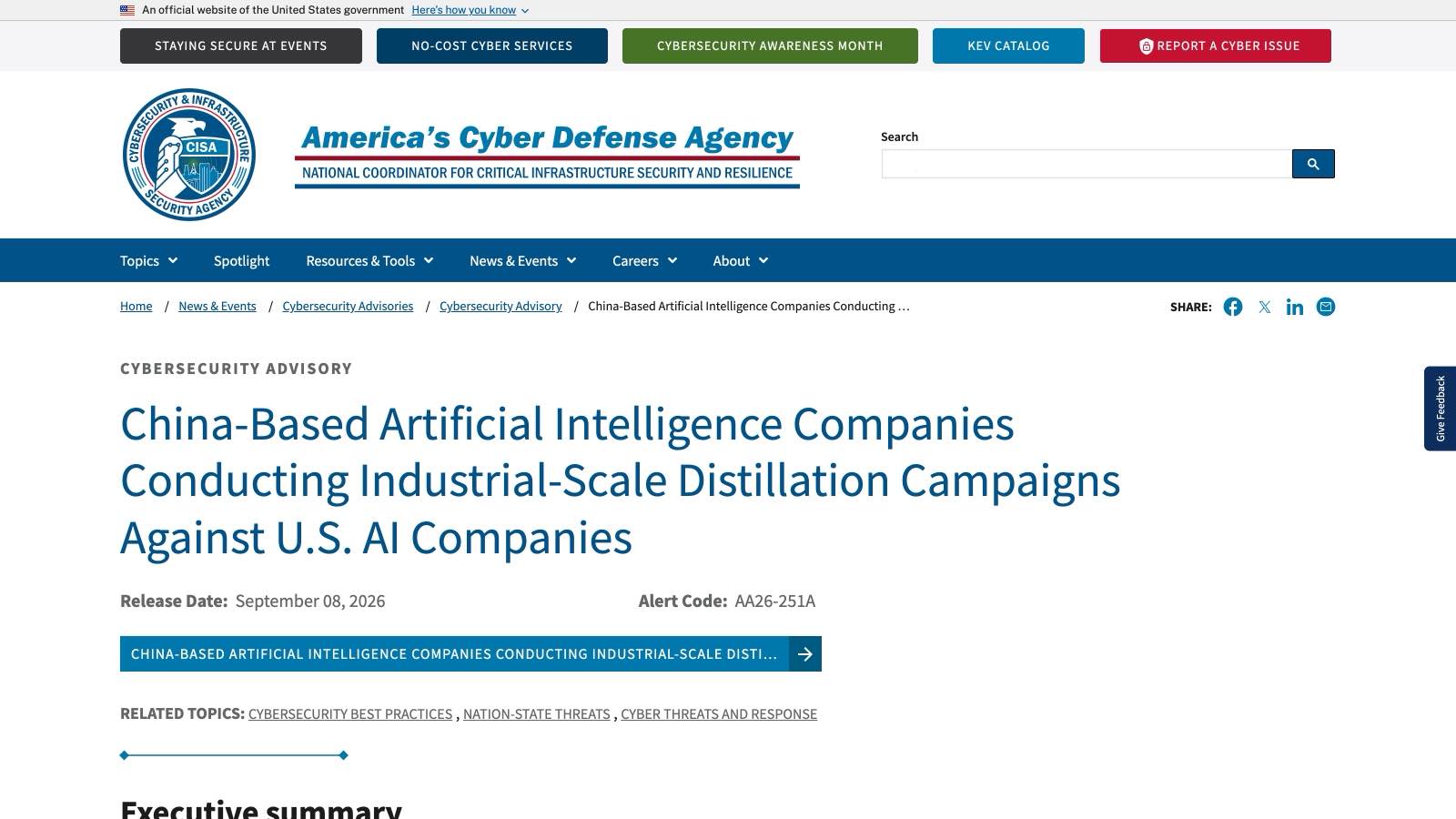 L'avis conjoint AA26-251A sur le site de la CISA, 8 septembre 2026.