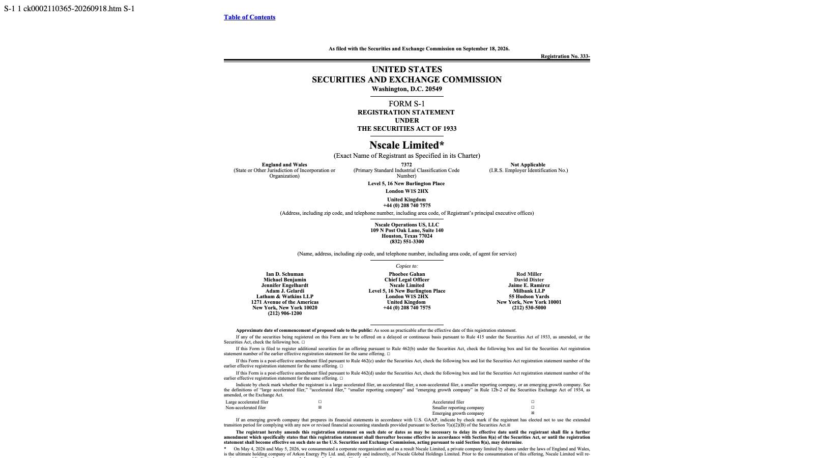 La couverture du formulaire S-1 de Nscale sur le site de la SEC : société d'Angleterre-et-Galles, dépôt enregistré le 18 septembre 2026.
