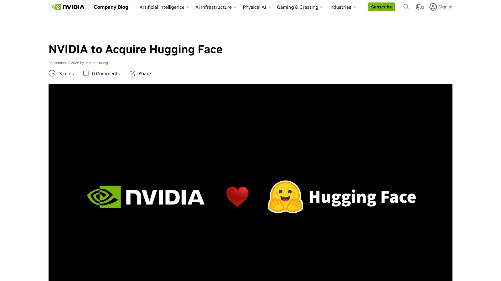 Le billet d'annonce « NVIDIA to Acquire Hugging Face », signé Jensen Huang sur le blog officiel de Nvidia, consulté le 3 septembre 2026.