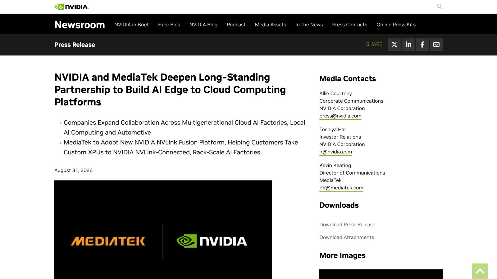 Le communiqué officiel de Nvidia du 31 août 2026 : le partenariat avec MediaTek s'élargit à NVLink Fusion, avec un investissement de 3,5 milliards de dollars en obligations convertibles.