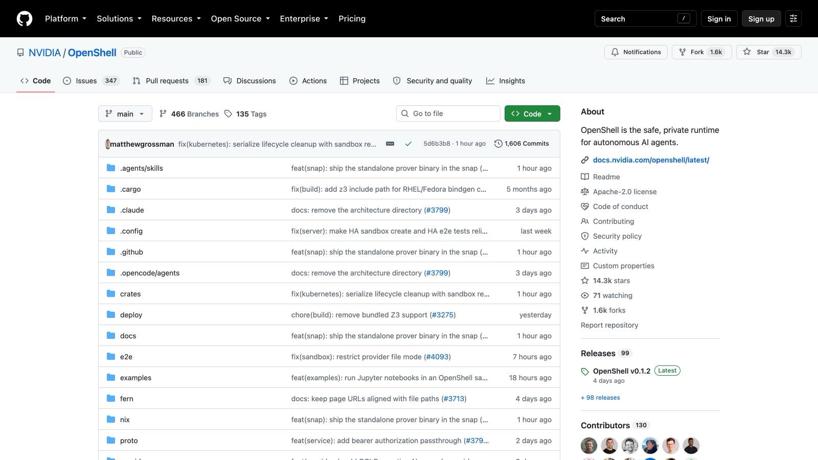 Le dépôt GitHub NVIDIA/OpenShell au 2 octobre 2026 : 14,3 k étoiles affichées, licence Apache 2.0, v0.1.2 en dernière version publiée.